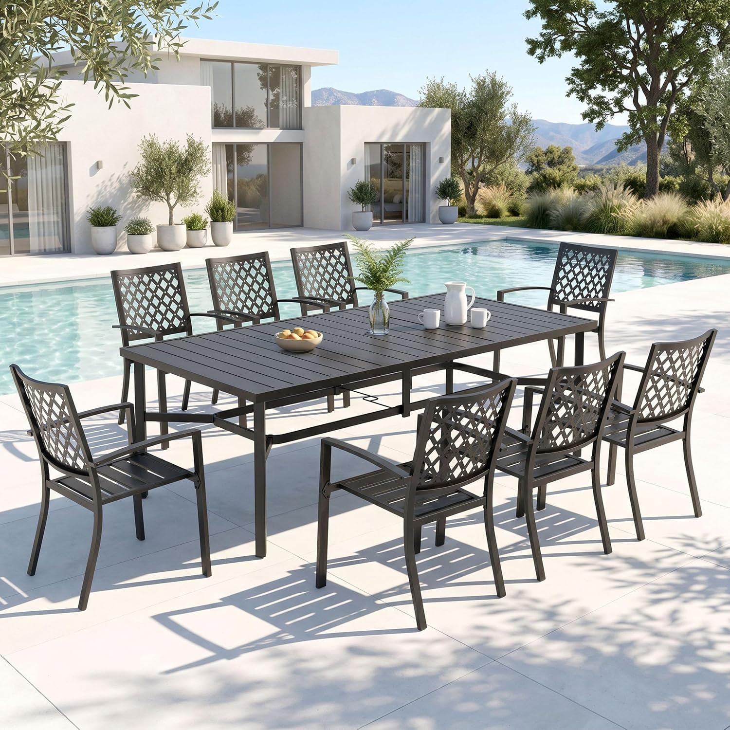 PHI VILLA 9 Pieces Outdoor Dining Set for 8, 83' Rectangular Metal Table with Umbrella Hole & Stackable Black Wrought Iron Chairs, Large Outside Furniture for Patio, Deck, Yard, Porch