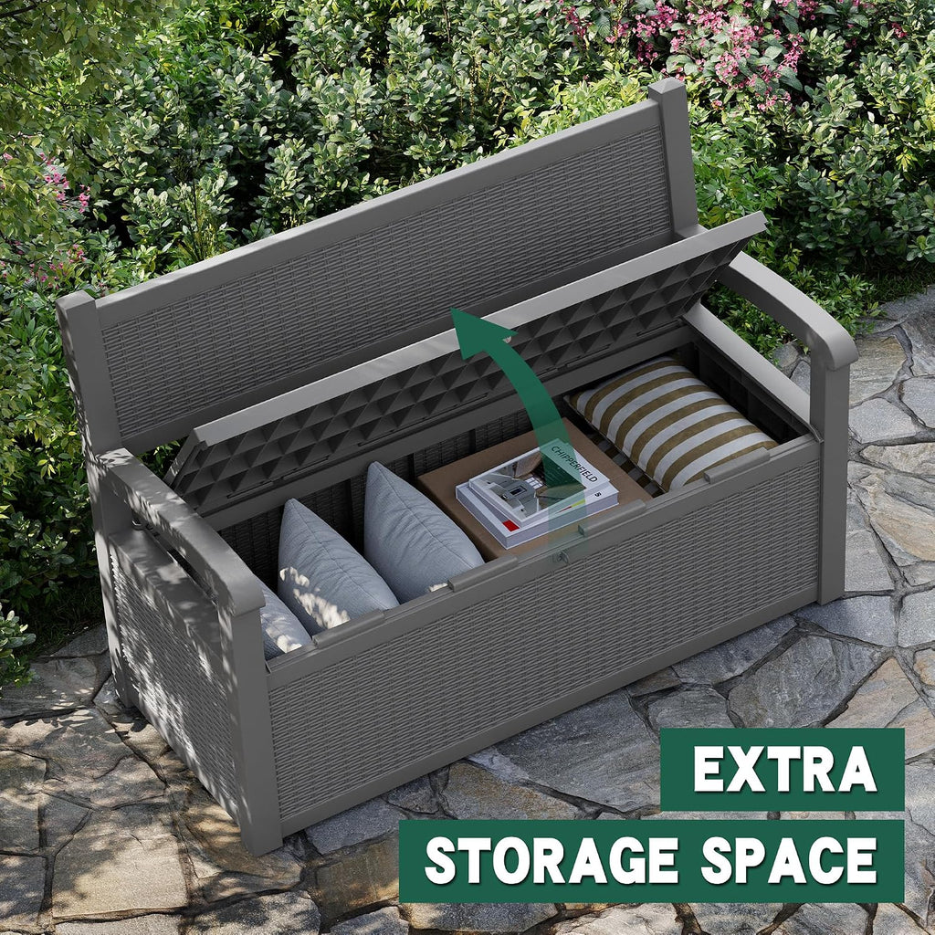 LHBcraft 70 Gallon Outdoor Storage Bench Deck Box Lockable for Patio Furniture, Outdoor Porch Bench with Storage Waterproof for Cushions, Garden Tools and Pool Supplies, Grey