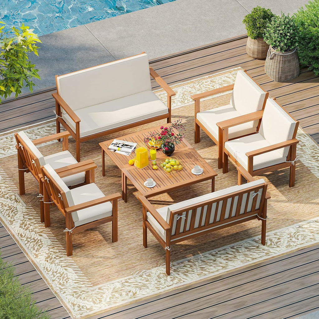 Tangkula 4 Pieces Acacia Wood Patio Conversation Set, Outdoor Wooden Cushioned Chairs & Slatted Coffee Table Set,for Backyard, Porch, Balcony, Poolside and Lawn (Off White,1)