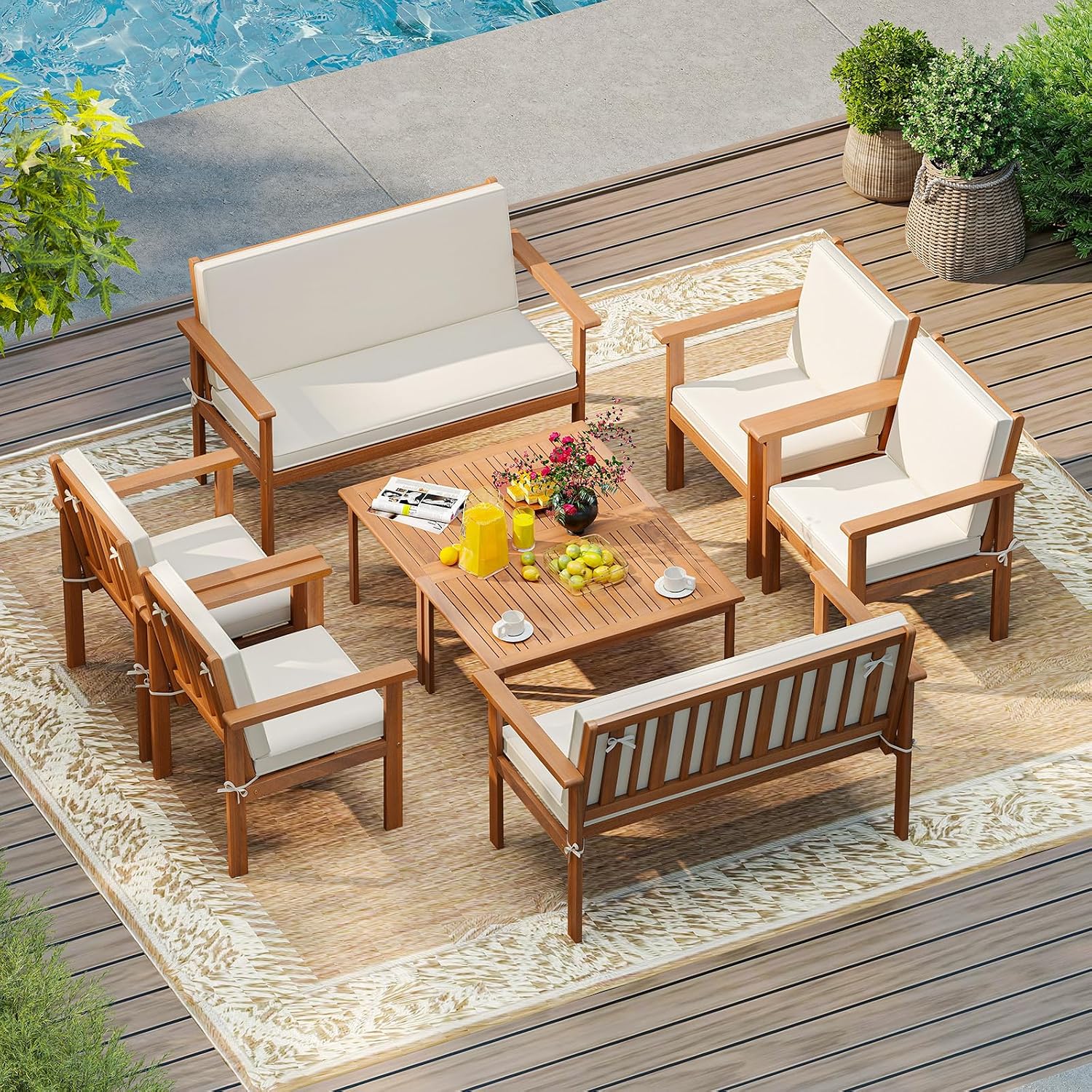 Tangkula 4 Pieces Acacia Wood Patio Conversation Set, Outdoor Wooden Cushioned Chairs & Slatted Coffee Table Set,for Backyard, Porch, Balcony, Poolside and Lawn (Off White,1)