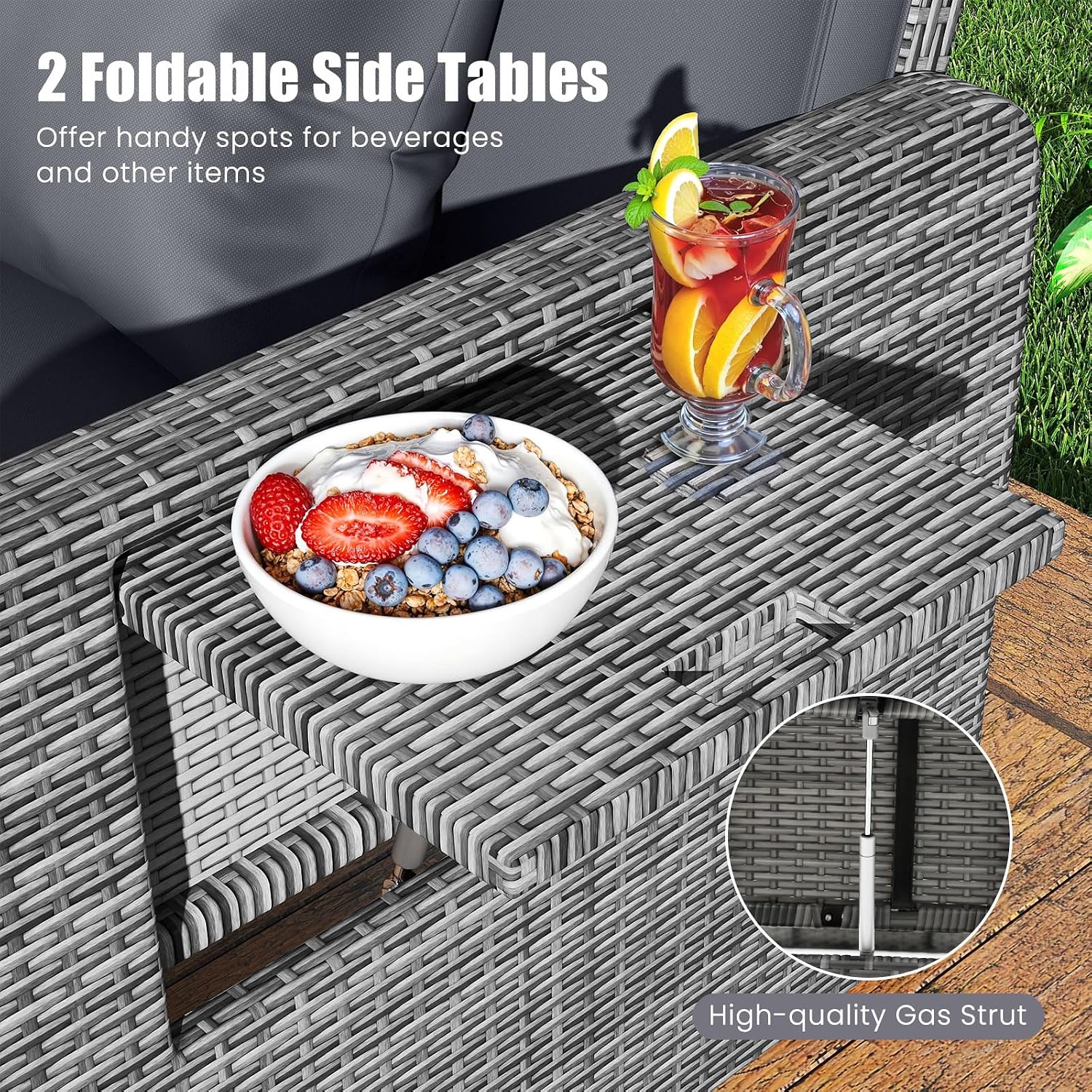 Tangkula Patio Rattan Daybed with 4-Level Adjustable Backrest, Outdoor PE Wicker Loveseat with Storage Ottoman & Folding Side Table, Double Sunbed for Balcony, Backyard & Poolside, Grey