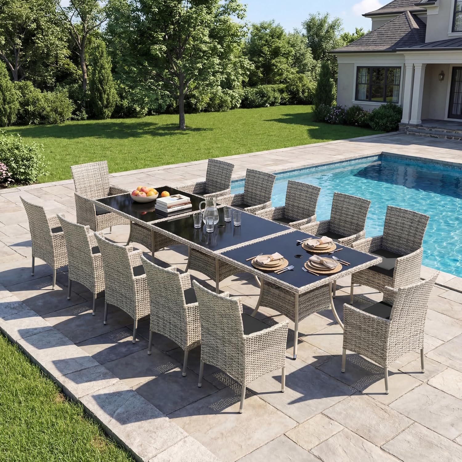 15-Piece Patio Dining Set, Patio Furniture Set with Square Tempered Glass Table & 12 Wicker Chairs, Expandable Design for Larger Groups, Outdoor Furniture for Backyard, Deck, Garden, Dark Grey