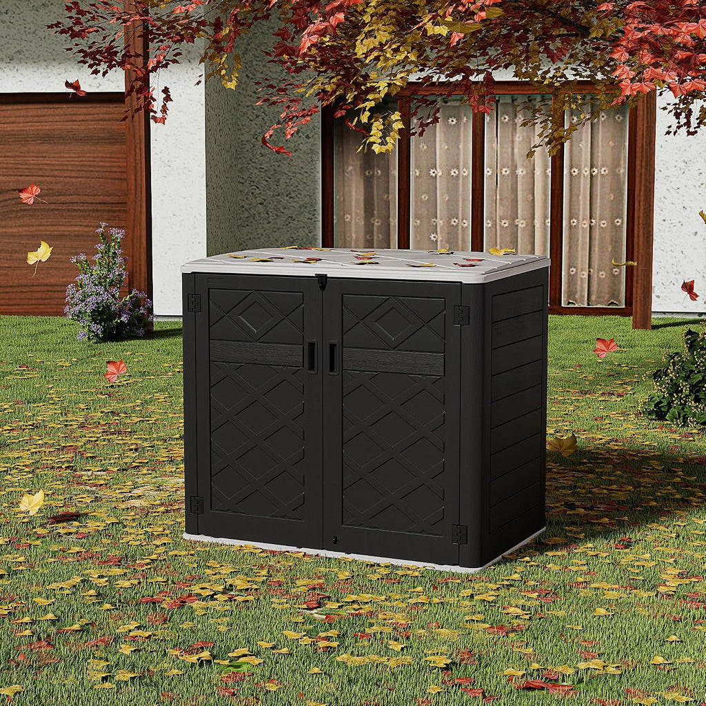 HOMSPARK Storage Shed Weather Resistance, Multi-Purpose Outdoor Storage Cabinet for Backyards and Patios, Horizontal Storage Shed for Lawnmower, Patio Accessories (Black & White, Large - 48 cu.ft)