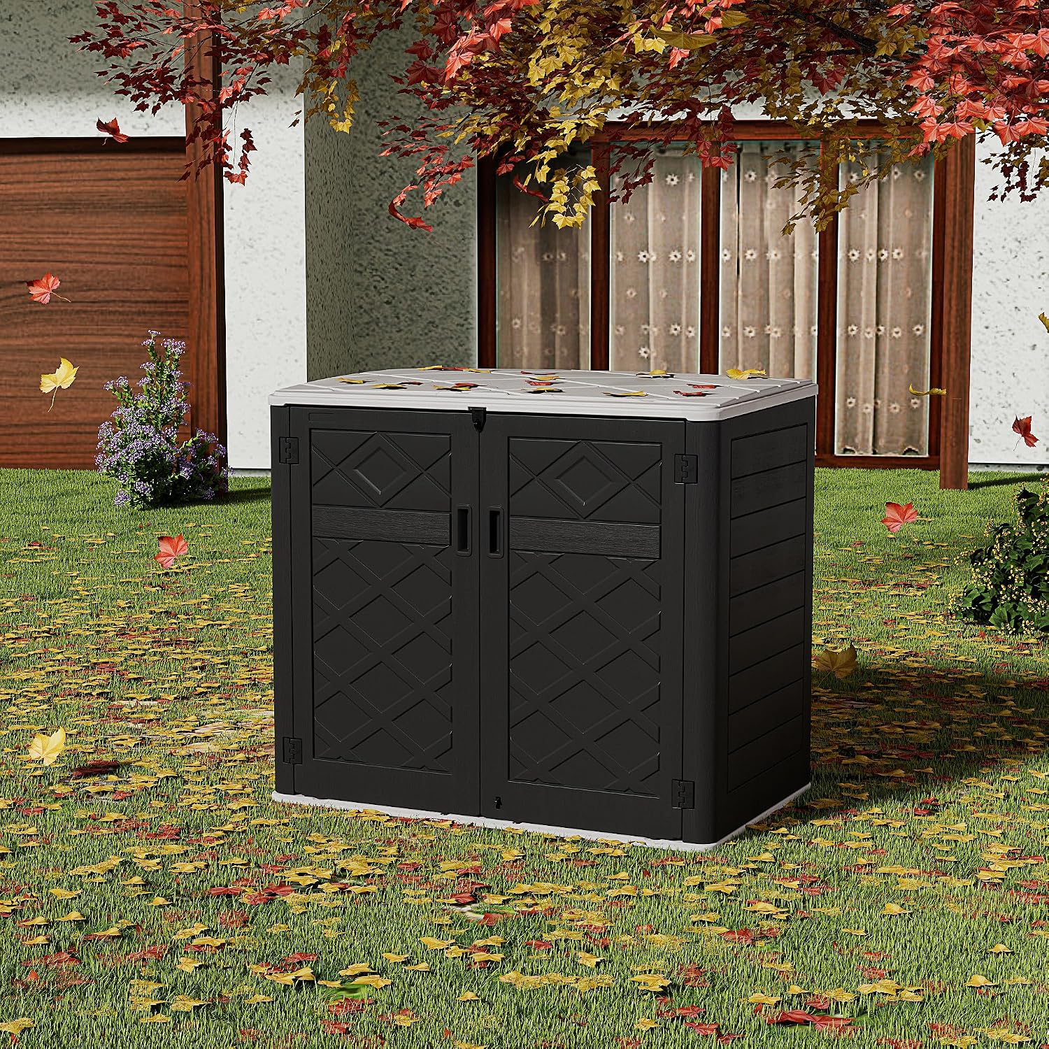 HOMSPARK Storage Shed Weather Resistance, Multi-Purpose Outdoor Storage Cabinet for Backyards and Patios, Horizontal Storage Shed for Lawnmower, Patio Accessories (Black & White, Large - 48 cu.ft)