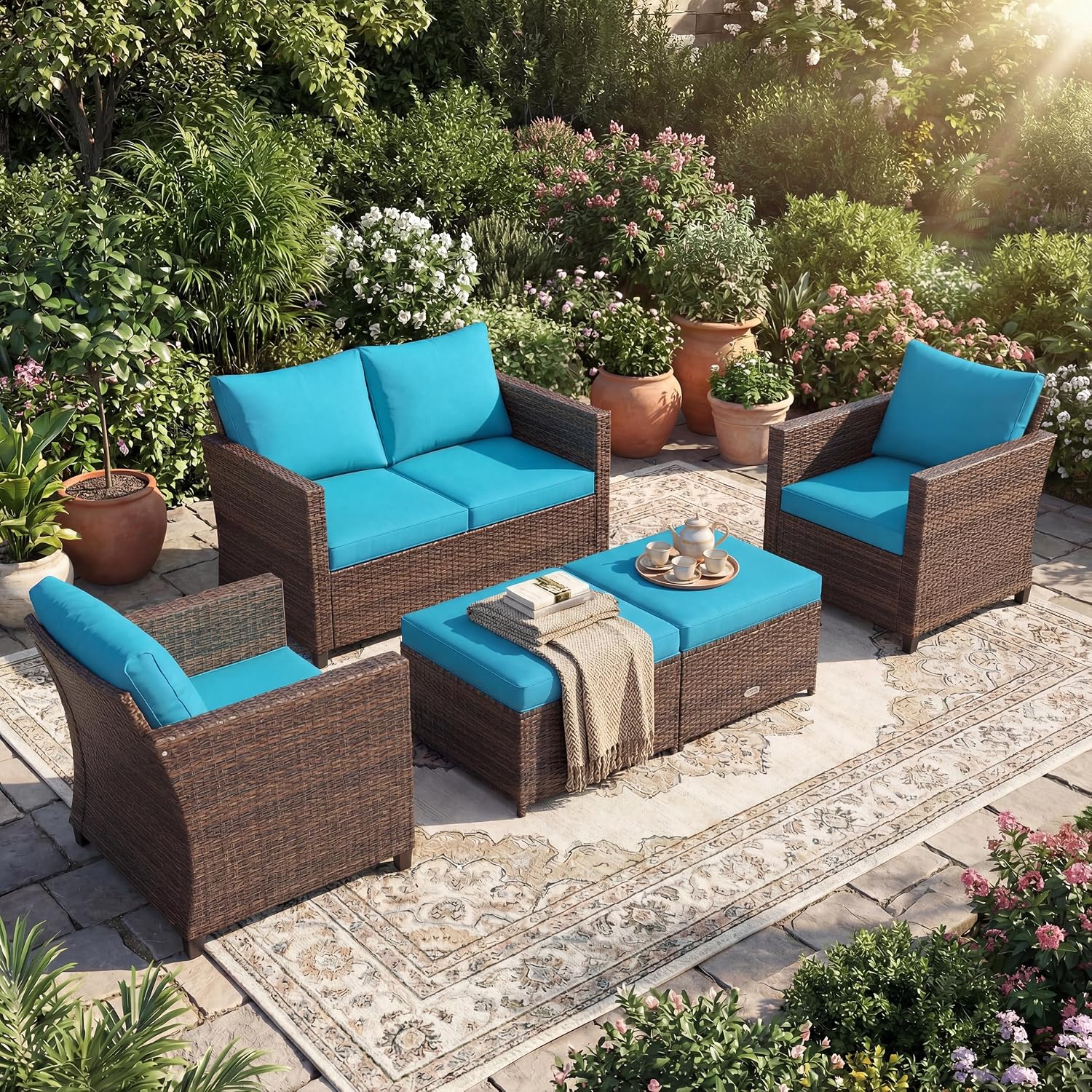 Tangkula 5 Pieces Rattan Patio Furniture Set, Outdoor Sectional Wicker Sofa Set with Loveseat, 2 Single Sofas, 2 Ottomans & Removable Cushion, Outside Daybed Sofa for Yard, Garden, Poolside, Turquoise