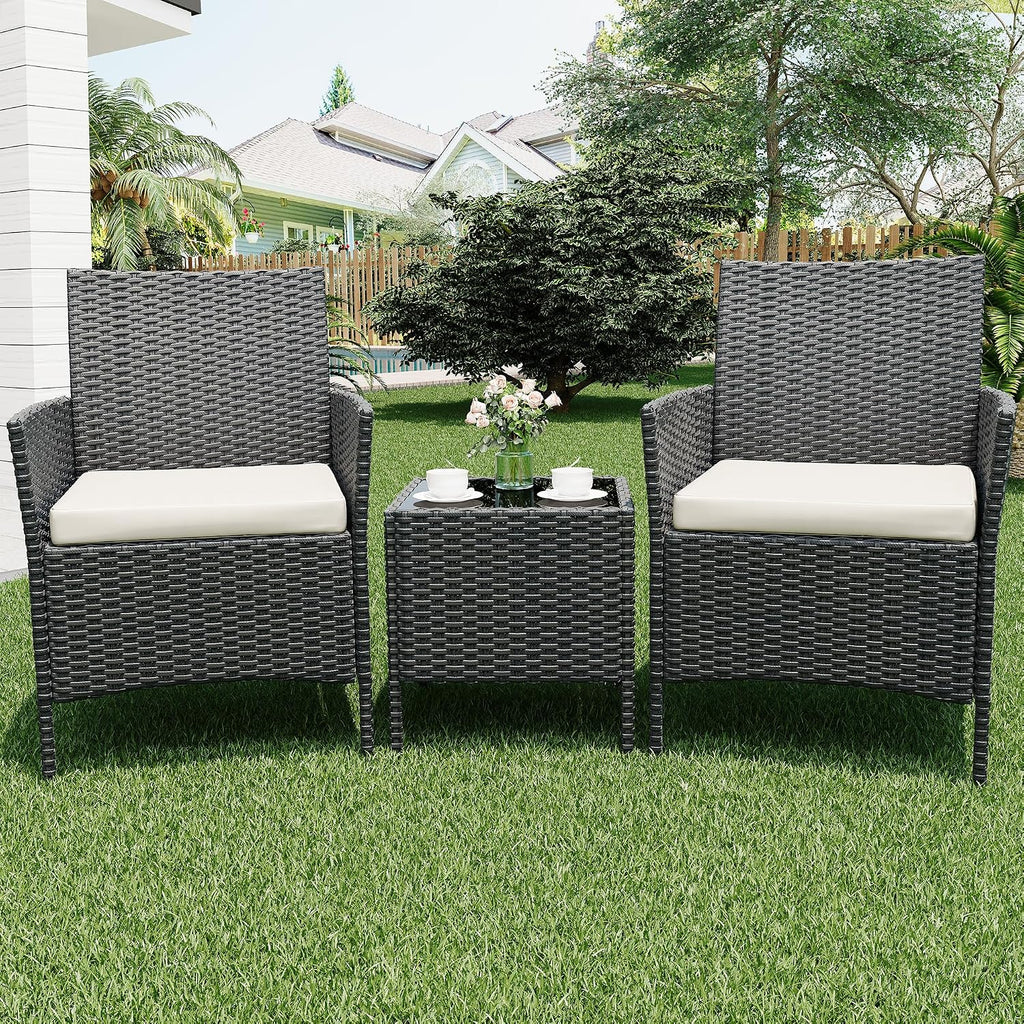 GarveeLife 3 Piece Patio Furniture Set, Rattan Outdoor Furniture with 2 Chairs & Coffee Table, Modern Outdoor Seating Conversation Bistro Set for Garden Backyard Porch (Black and Beige)