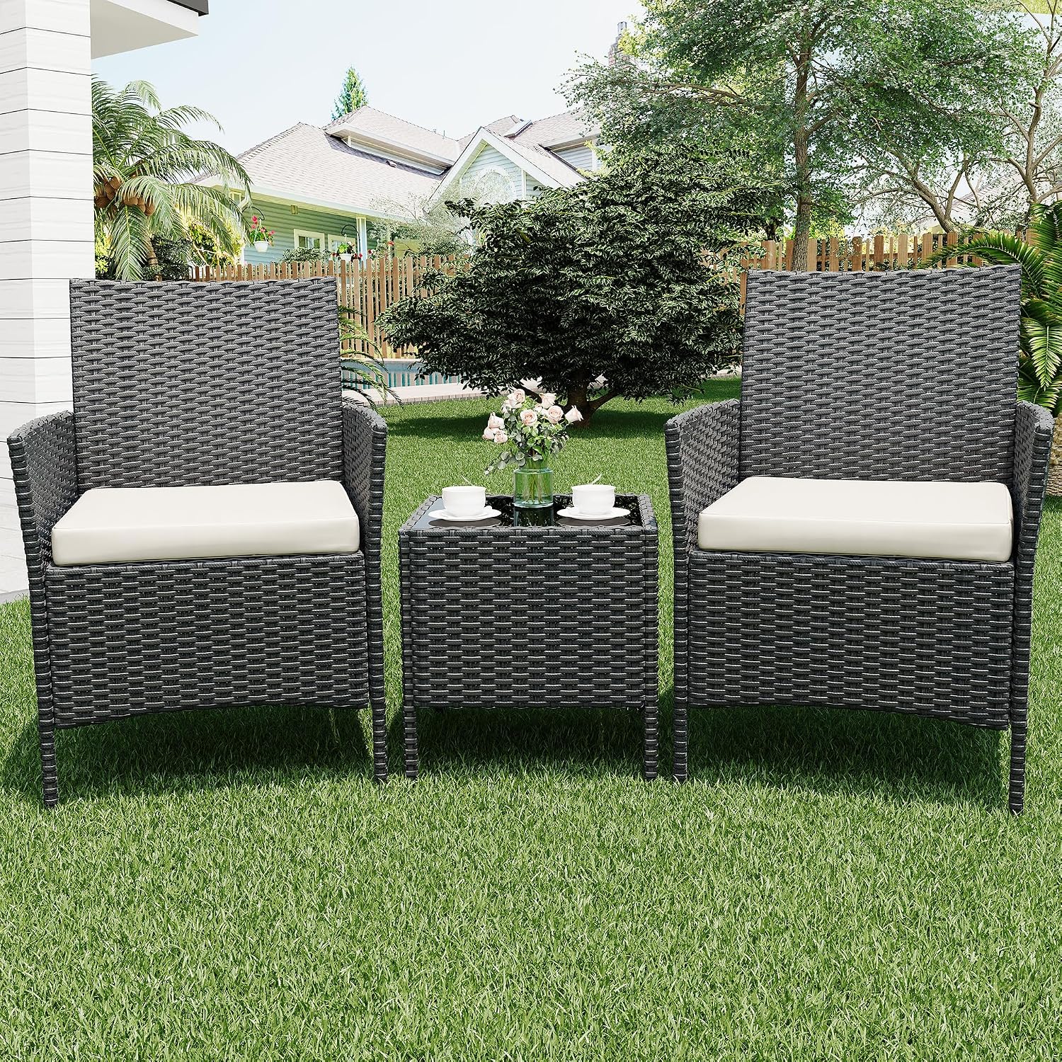 GarveeLife 3 Piece Patio Furniture Set, Rattan Outdoor Furniture with 2 Chairs & Coffee Table, Modern Outdoor Seating Conversation Bistro Set for Garden Backyard Porch (Black and Beige)