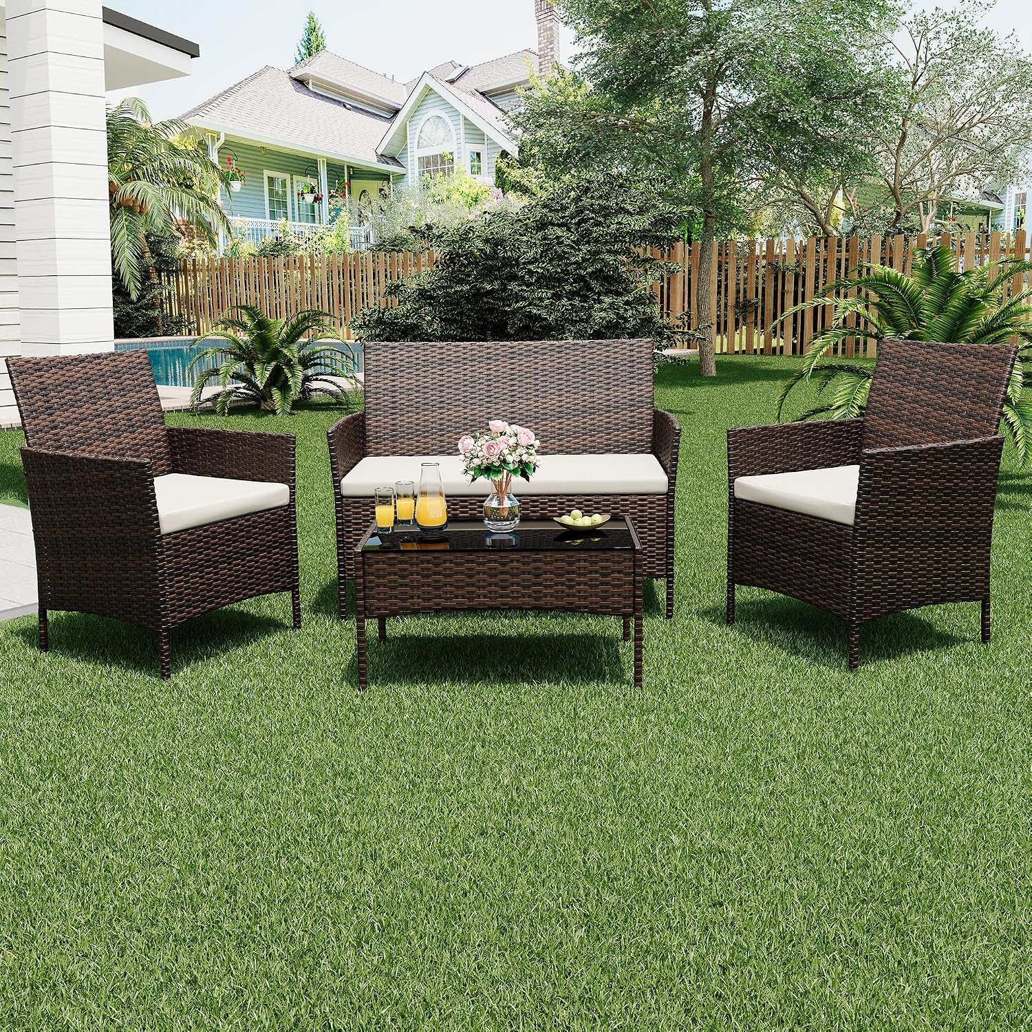 GarveeLife 4-Piece Patio Furniture Set, Rattan Outdoor Furniture with Upholstered Sofa, 2 Chairs & Coffee Table, Modern Conversation Bistro Set for Garden Backyard Porch (Brown and Beige)