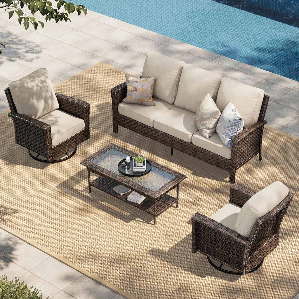 HERA'S HOUSE High Back Patio Furniture Set with Swivel Chairs, Outdoor Wicker Conversation Sets with 5.5' Comfy Cushions, 4 Piece Outside Sofa Sets, Beige