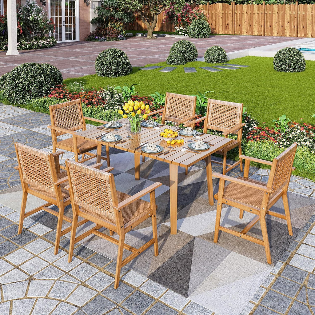 PHI VILLA Outdoor Acacia Wood Dining Chairs Set of 2, Armchairs with Strong Wicker Back & Seat, Farmhouse Style Teak Patio Deck Yard Balcony Garden Furniture
