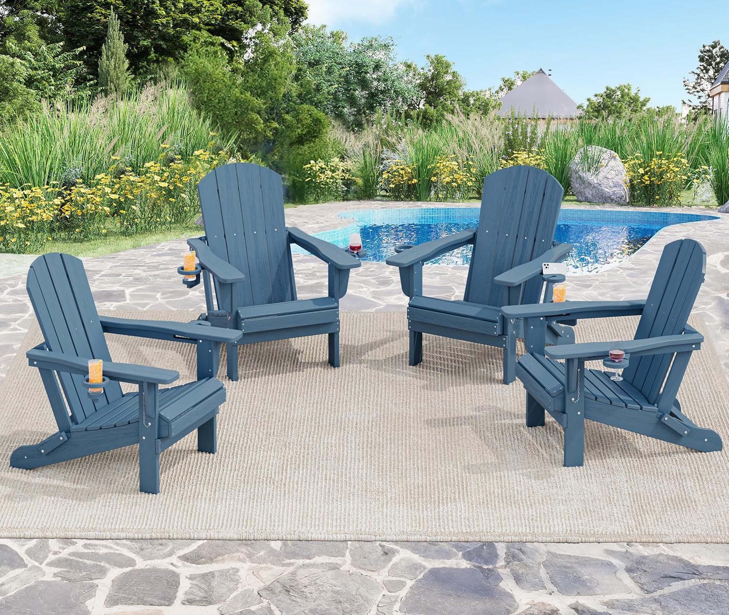 SERWALL Folding Adirondack Chairs, HDPE Adirondack Chairs Set of 4, Plastic Outdoor Chairs,Blue