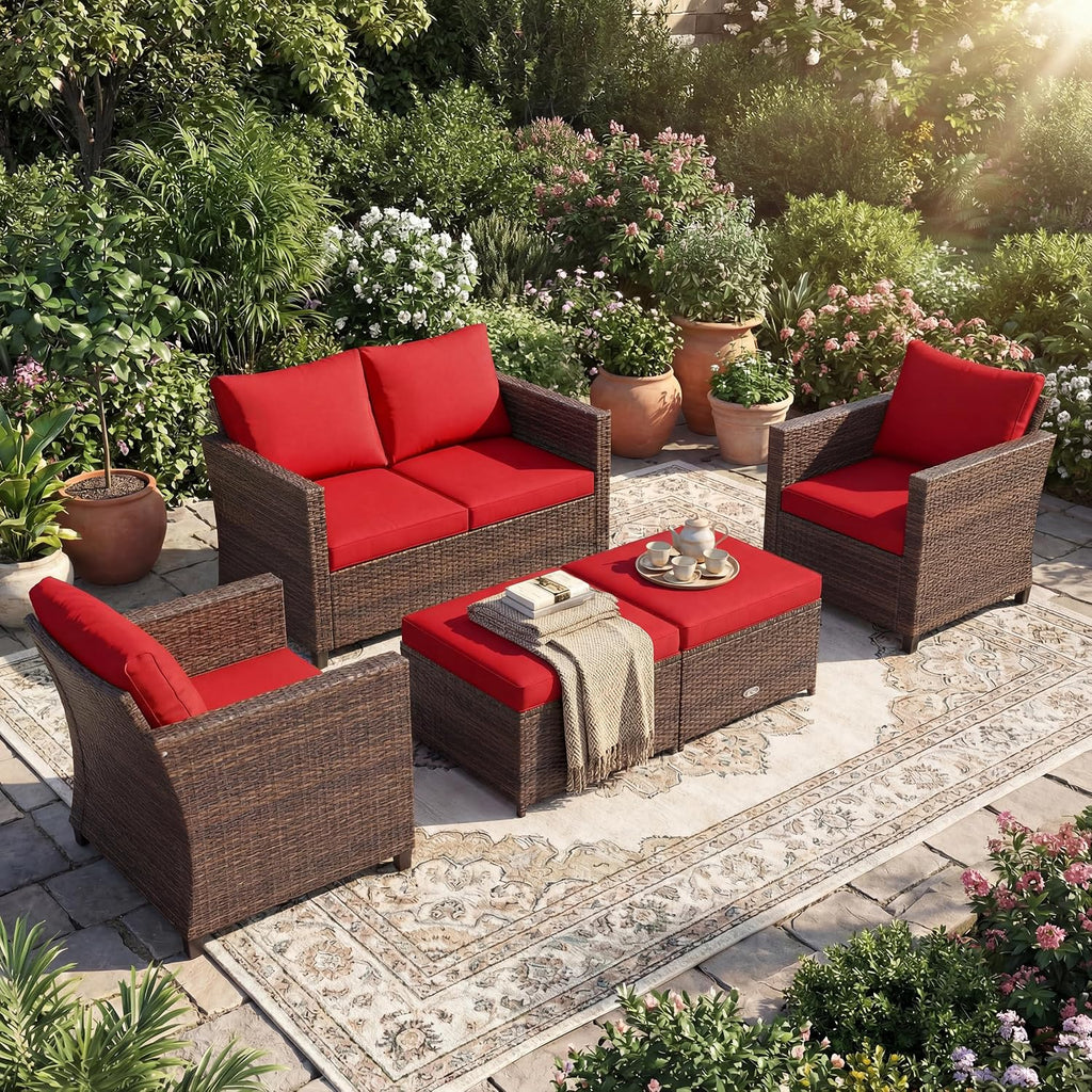 Tangkula 5 Pieces Rattan Patio Furniture Set, Outdoor Sectional Wicker Sofa Set with Loveseat, 2 Single Sofas, 2 Ottomans & Removable Cushions, Outside Daybed Sofa for Yard, Garden, Poolside (Red)