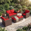 Tangkula 5 Pieces Rattan Patio Furniture Set, Outdoor Sectional Wicker Sofa Set with Loveseat, 2 Single Sofas, 2 Ottomans & Removable Cushions, Outside Daybed Sofa for Yard, Garden, Poolside (Red)