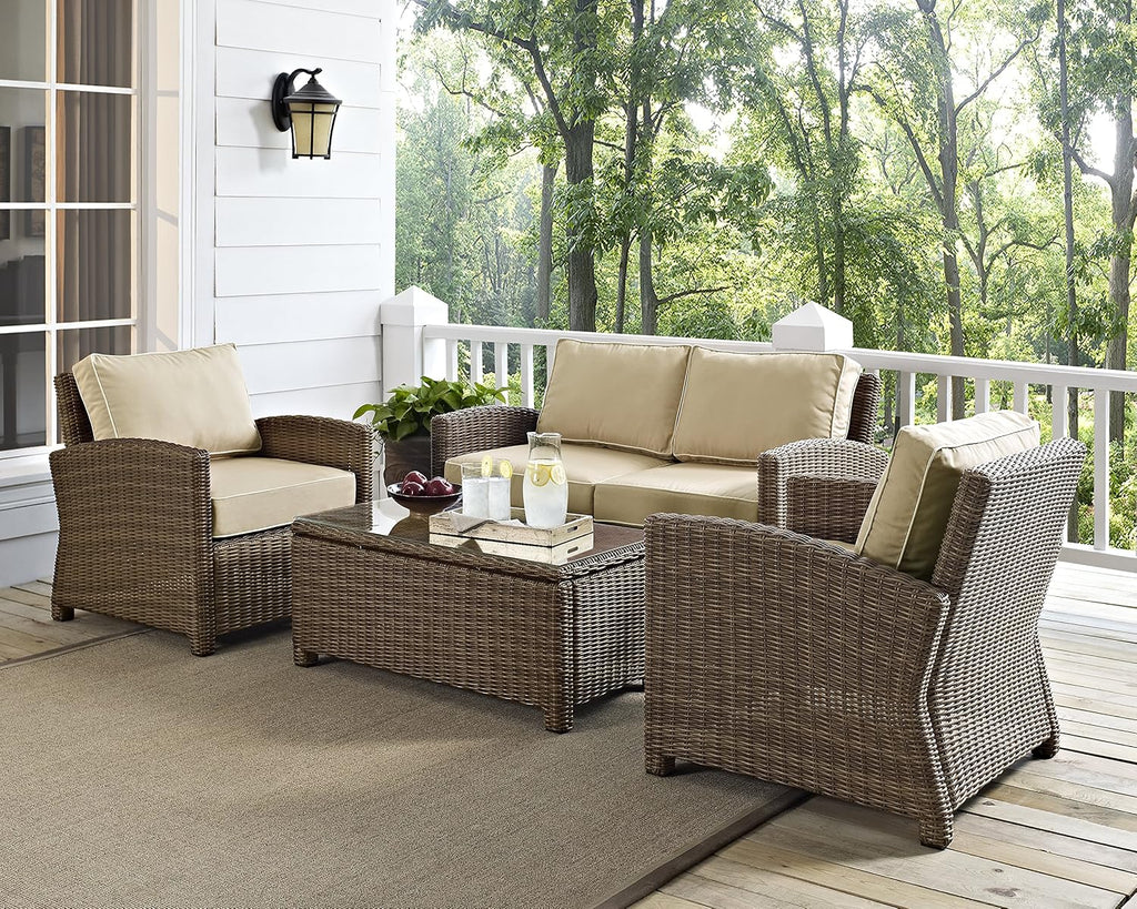 Crosley Furniture Bradenton 4-Piece Outdoor Loveseat Patio Furniture Set, Wicker Conversation Sets for Porch, Brown with Sand Cushions