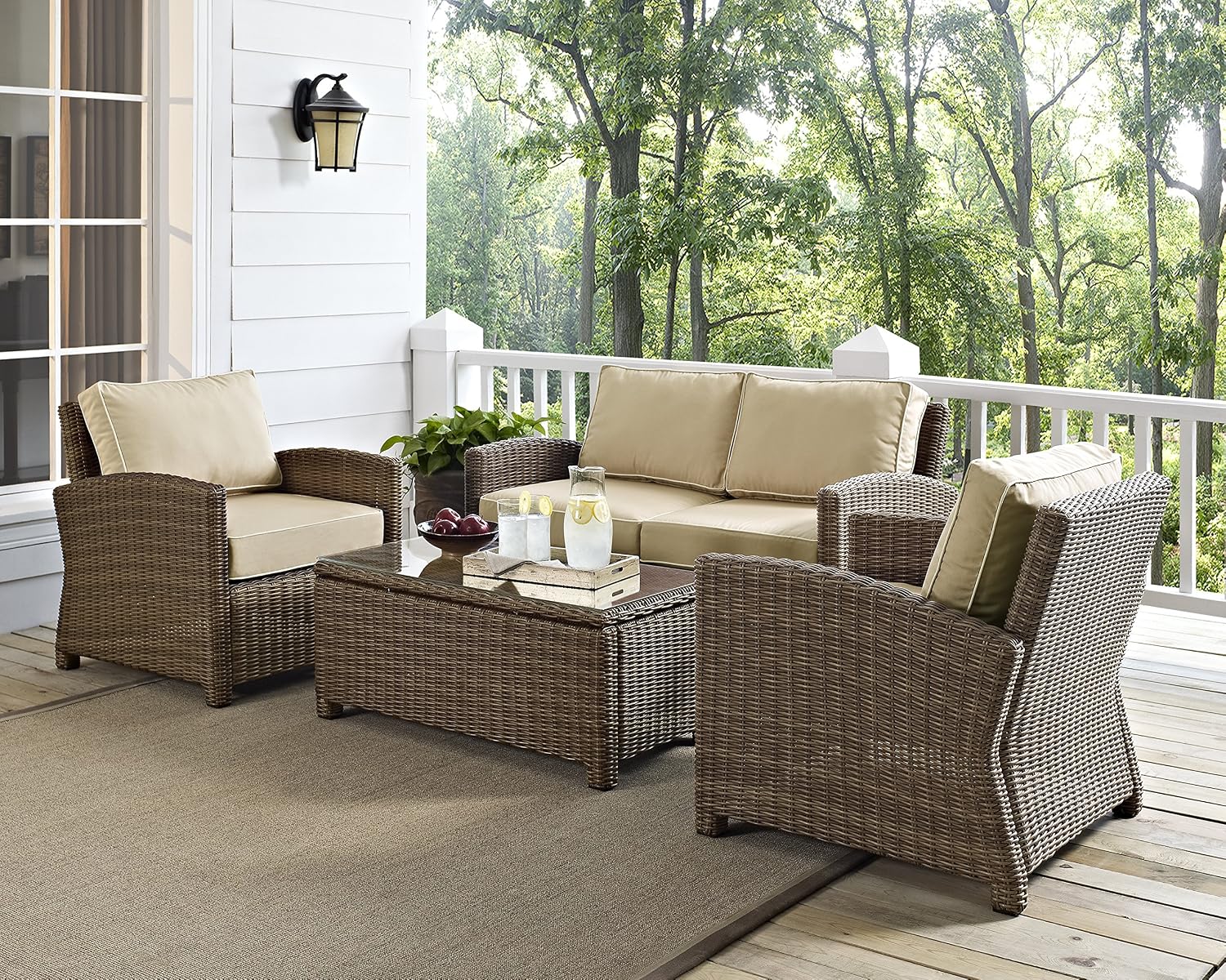 Crosley Furniture Bradenton 4-Piece Outdoor Loveseat Patio Furniture Set, Wicker Conversation Sets for Porch, Brown with Sand Cushions