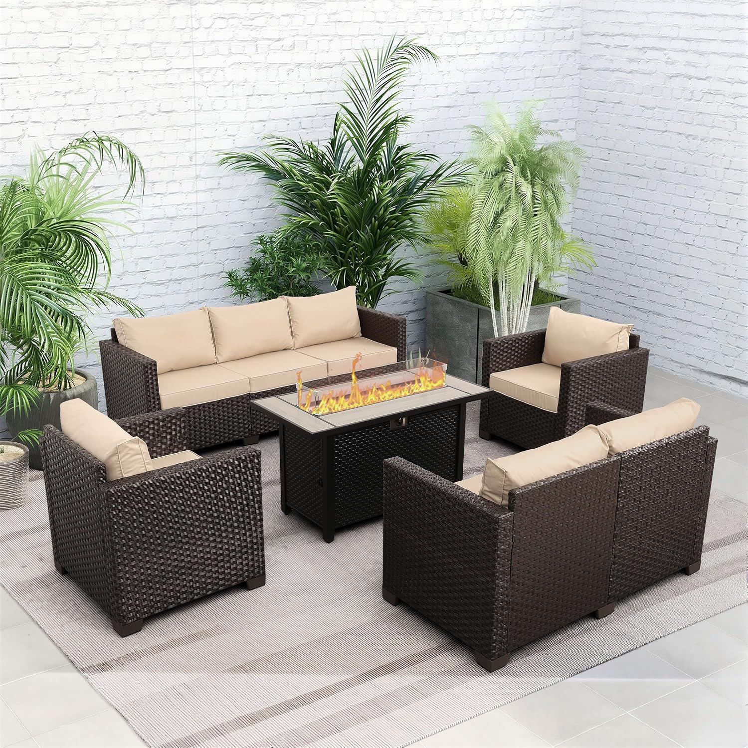 Rattaner 5-Piece Outdoor Patio Furniture 45 in Outdoor Fire Pits Patio Furniture Set 60000 BTU Outdoor Propane Fire Pit No-Slip Cushions Waterproof Covers, Khaki