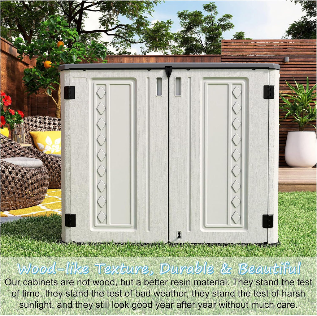 Mrosaa Horizontal Outdoor Storage Shed, 34 Cu.ft Outdoor Storage Cabinet Waterproof for Garden/Backyard/Home/Pool, Lockable (Off White)