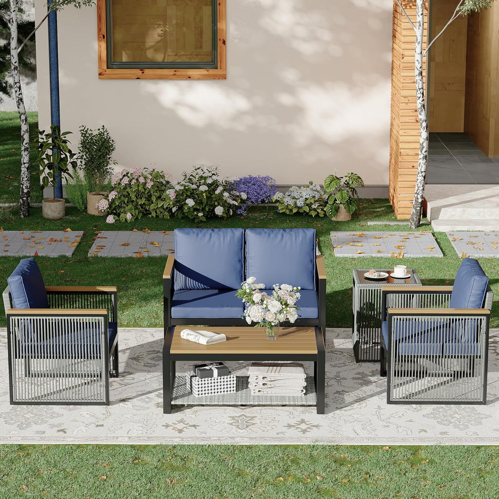 HOMREST Outdoor Metal Furniture Set, 5 Pieces Patio Sectional Conversation Chat Sofa,Love seat with Coffee Table & Side Table,Wood Armrest and High-Resiliency Sponge Cushions(Blue)