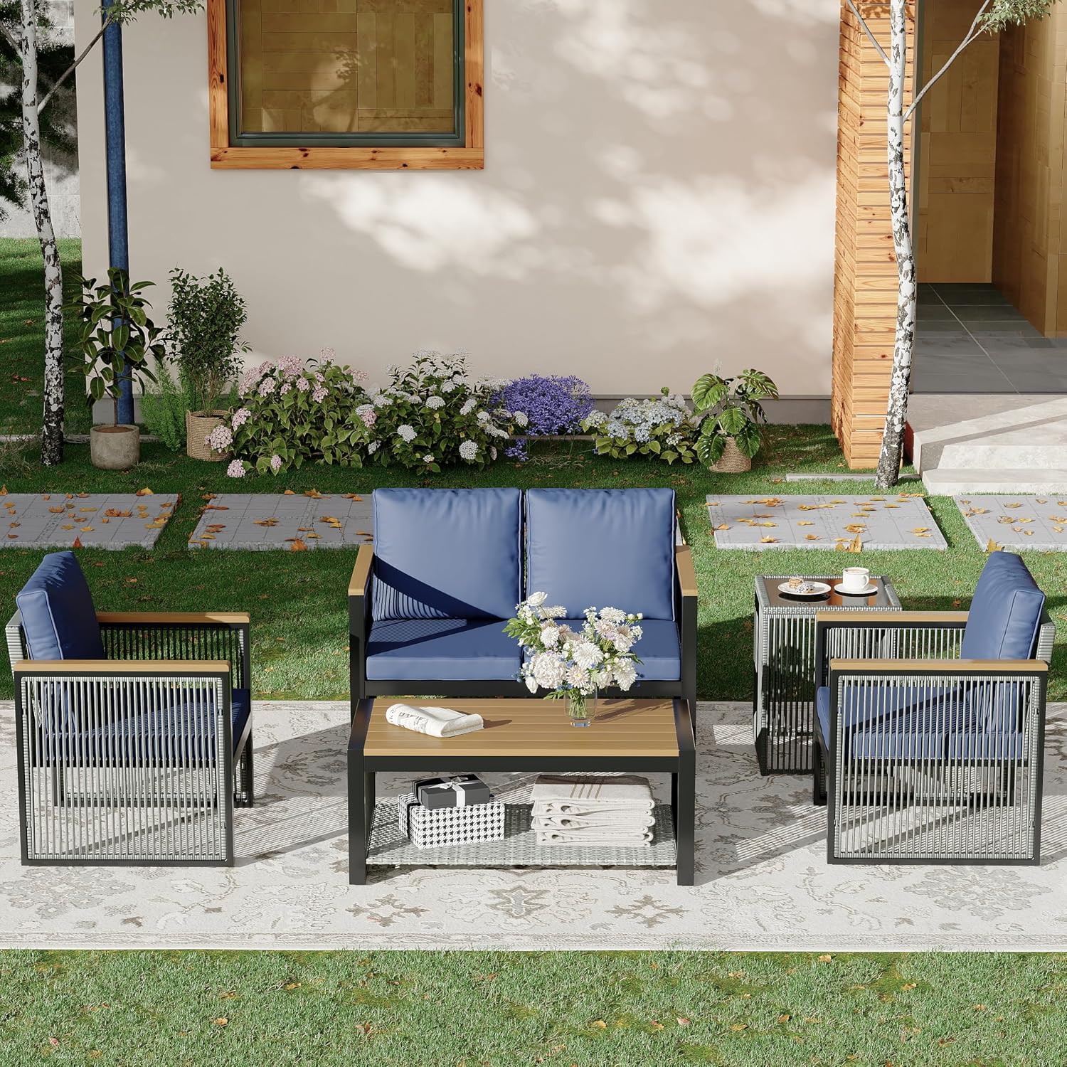 HOMREST Outdoor Metal Furniture Set, 5 Pieces Patio Sectional Conversation Chat Sofa,Love seat with Coffee Table & Side Table,Wood Armrest and High-Resiliency Sponge Cushions(Blue)