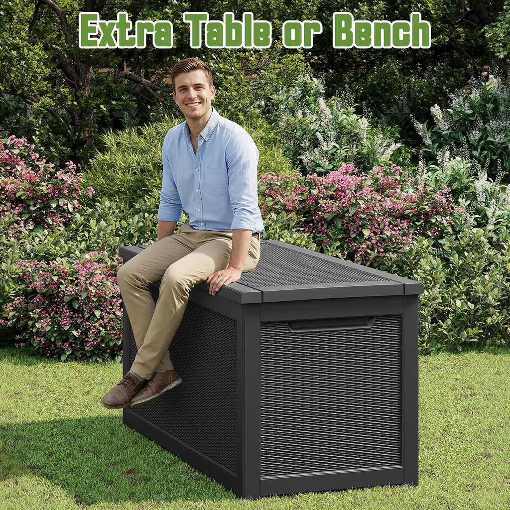 KAMABOKO 280 Gallon Outdoor Storage Box, Resin Deck Boxes Indoor and outdoor, Waterproof Storage Box Lockable Lid for Garden Tools, Package Delivery, Patio Cushions, Black