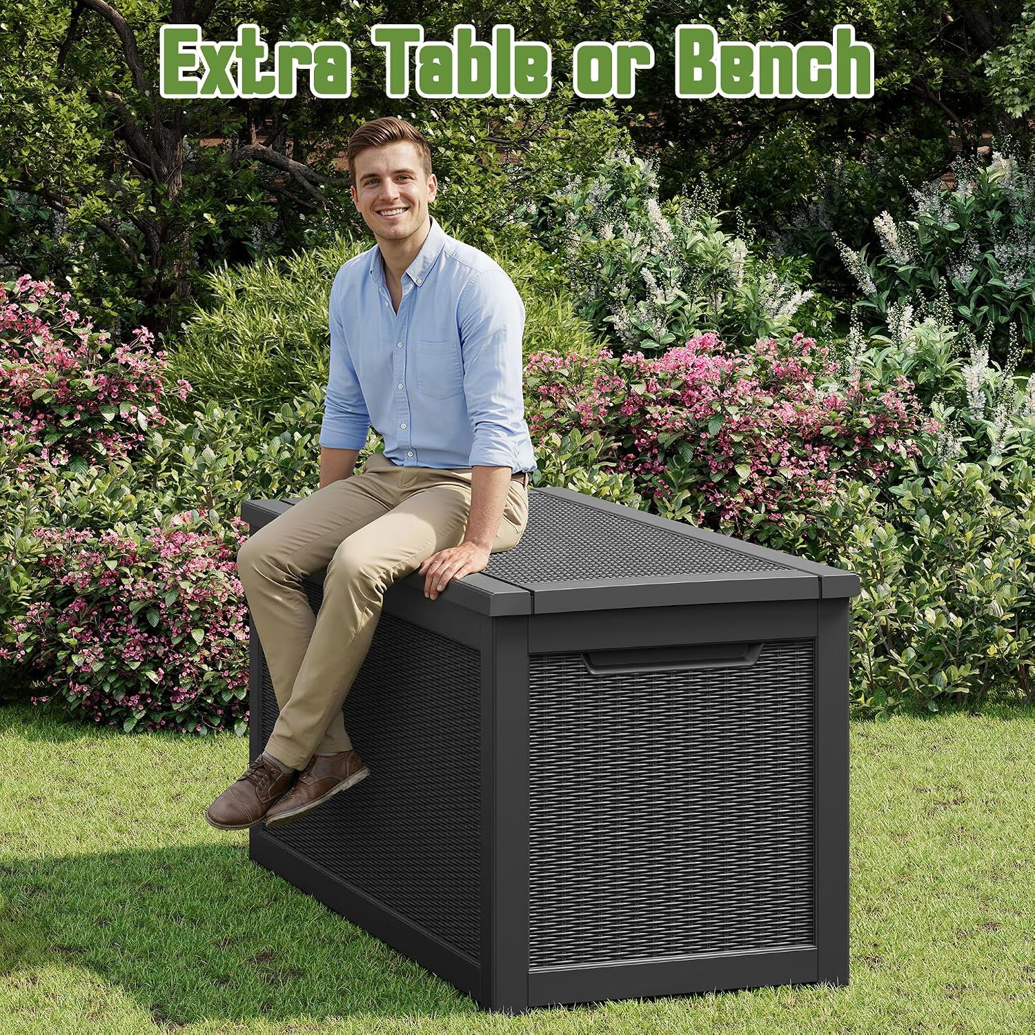 KAMABOKO 280 Gallon Outdoor Storage Box, Resin Deck Boxes Indoor and outdoor, Waterproof Storage Box Lockable Lid for Garden Tools, Package Delivery, Patio Cushions, Black