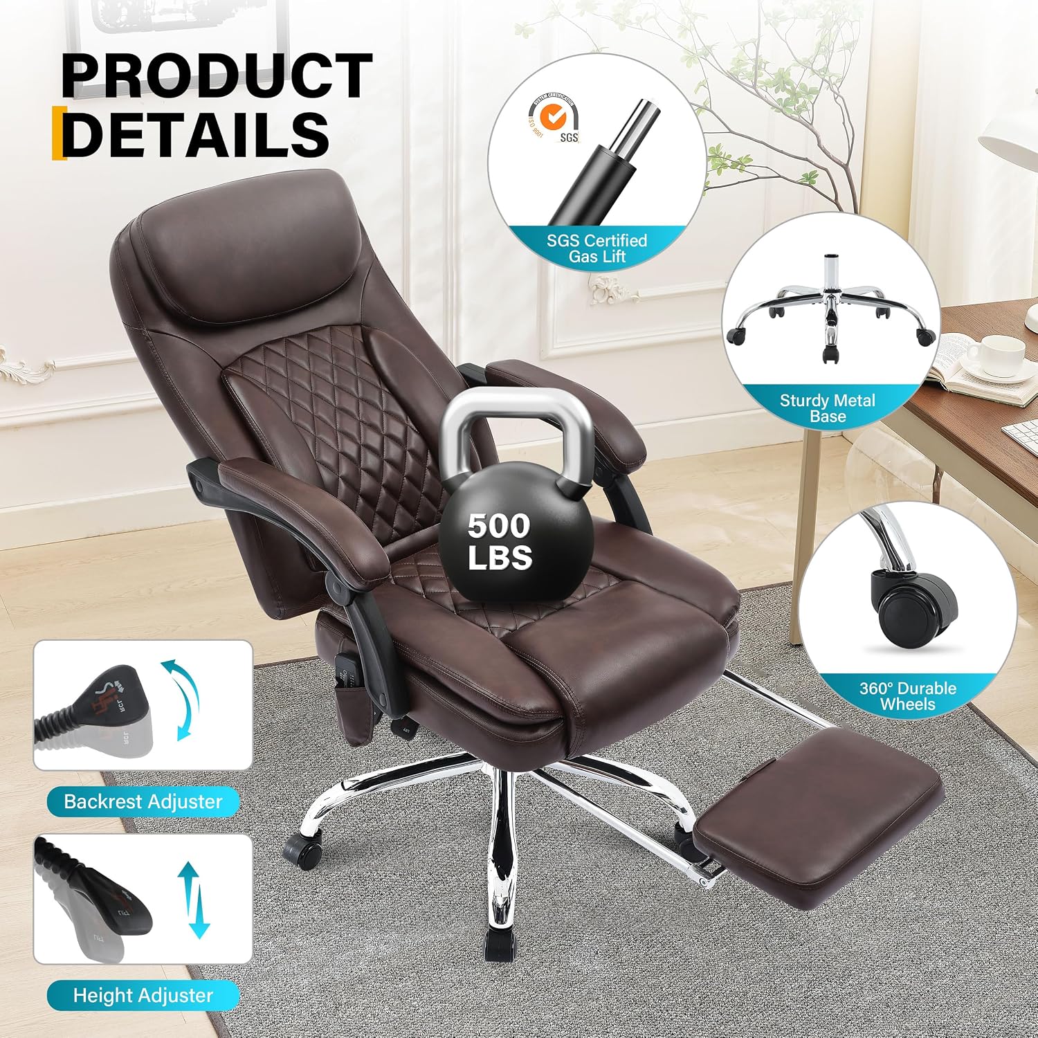 6-Point Massage Office Chair with Heated, Ergonomic Office Chair with Footrest & 45°Reclining High Back, Big and Tall Executive Office Chair 500LBS, Thick Cushion Desk Chair for Home Office, Brown(PU)