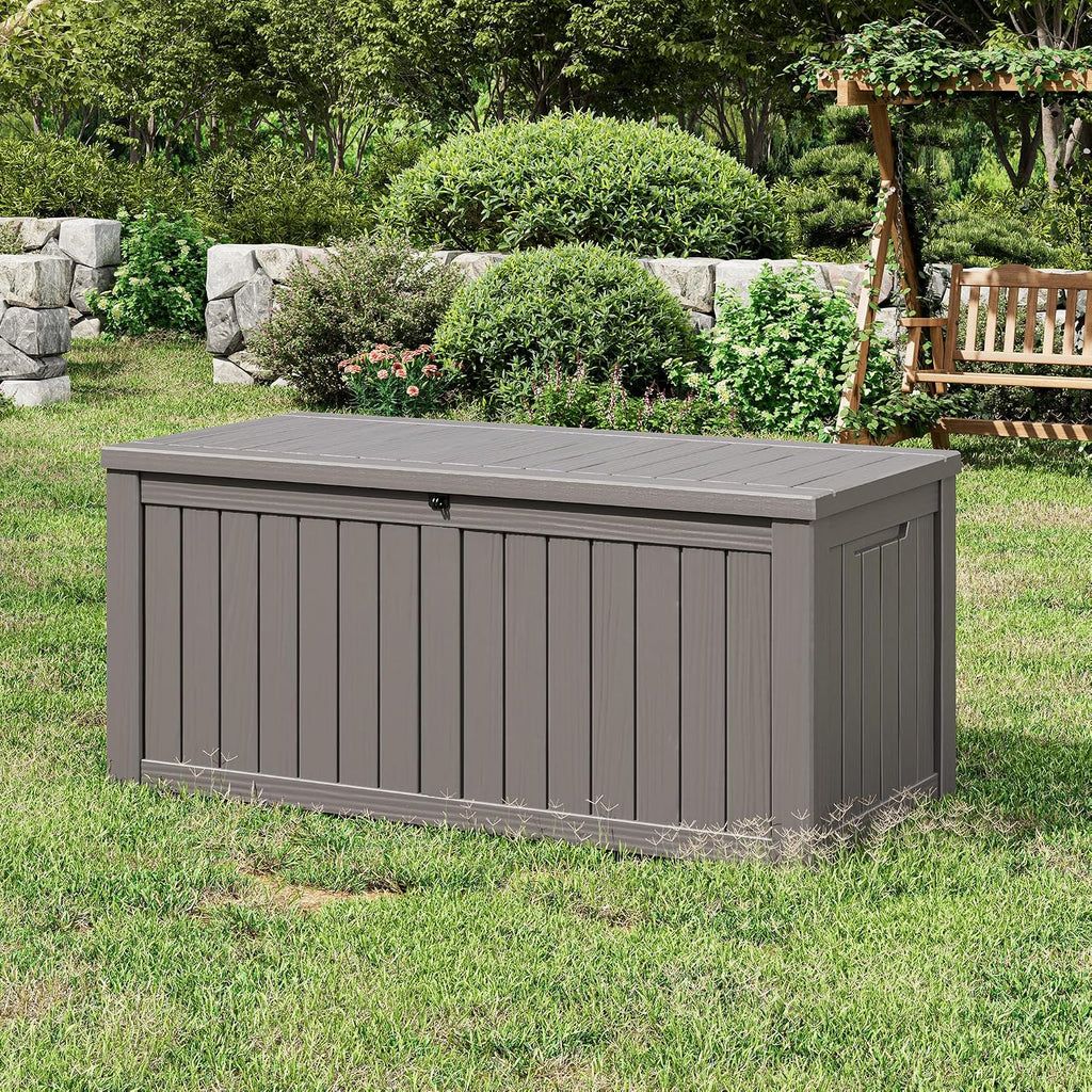 NUNU LAB 150 Gallon Outdoor Storage Box,Resin Large Sturdy Deck Box, Backyard Outside Storage Box Waterproof with Double Wall Panels,Package Delivery Garden Outdoor Hose