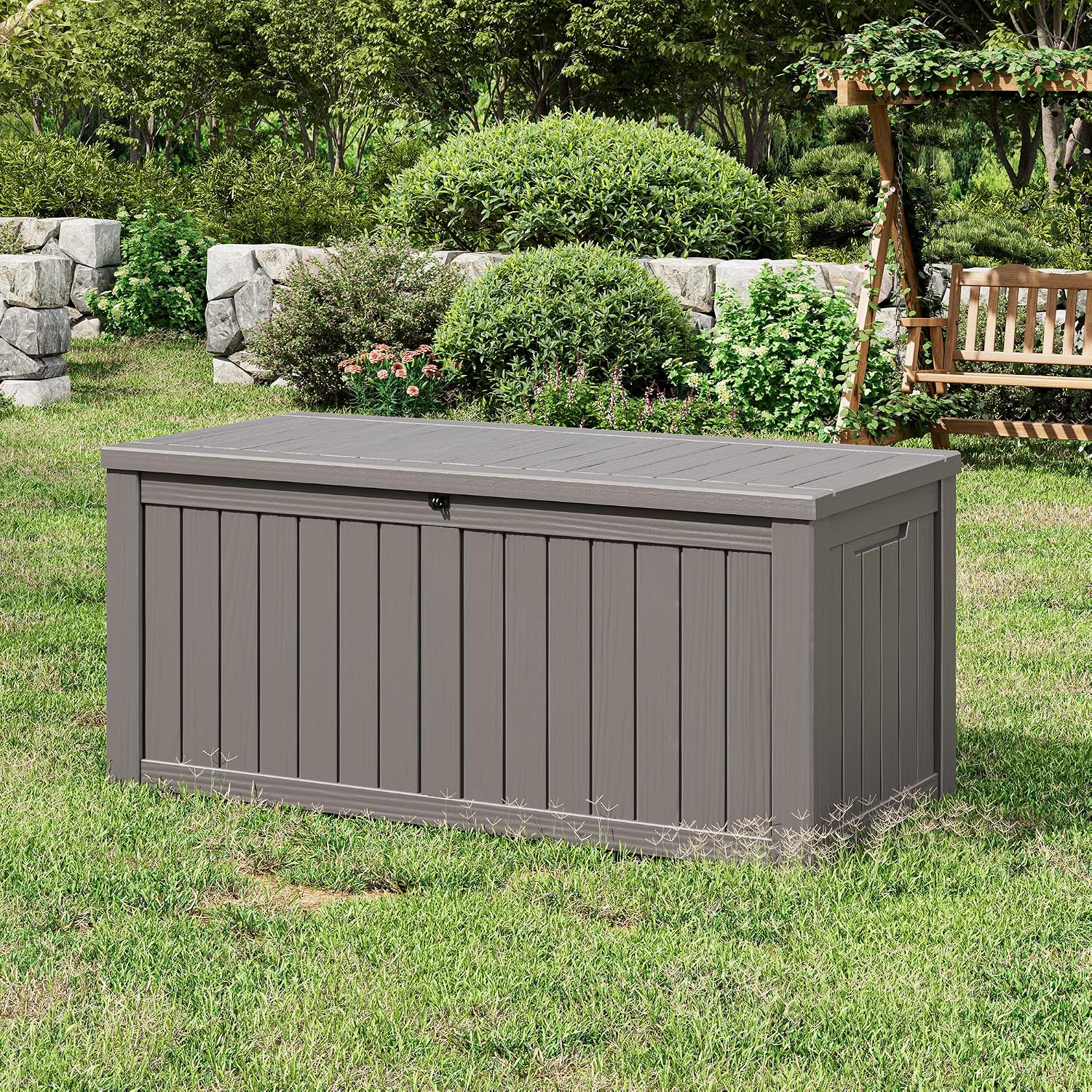 NUNU LAB 150 Gallon Outdoor Storage Box,Resin Large Sturdy Deck Box, Backyard Outside Storage Box Waterproof with Double Wall Panels,Package Delivery Garden Outdoor Hose