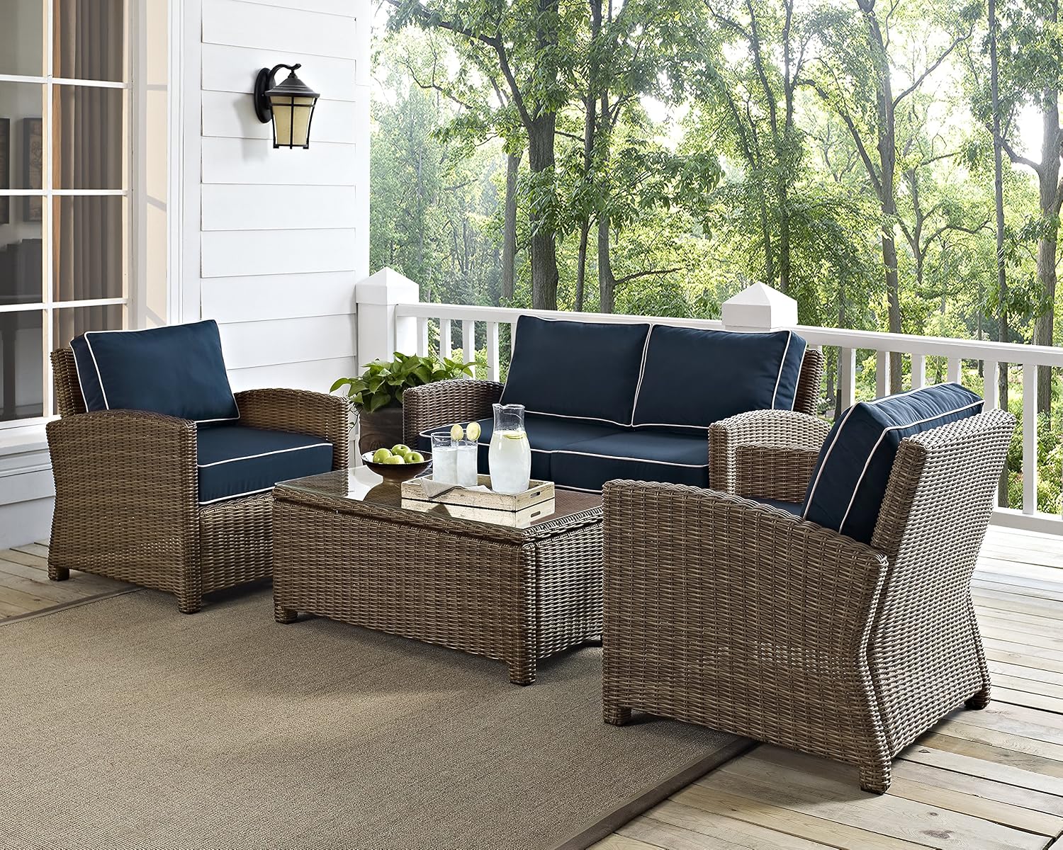 Crosley Furniture Bradenton 4-Piece Outdoor Loveseat Patio Furniture Set, Wicker Conversation Sets for Porch, Brown with Navy Cushions