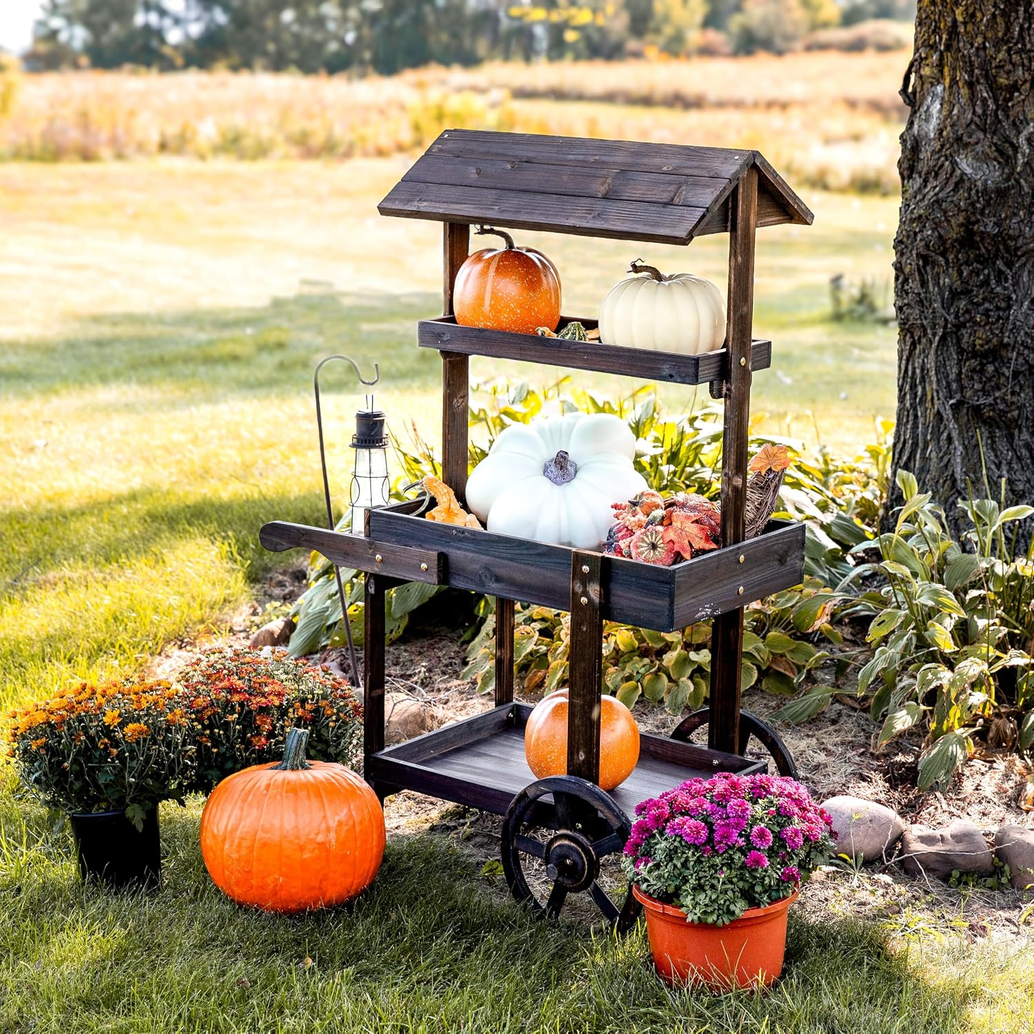Sunnydaze Country Market Flower Cart Display Stand with Wheels - 2 Shelves - Fir Wood - 30 lb Weight Capacity - Charred Fir