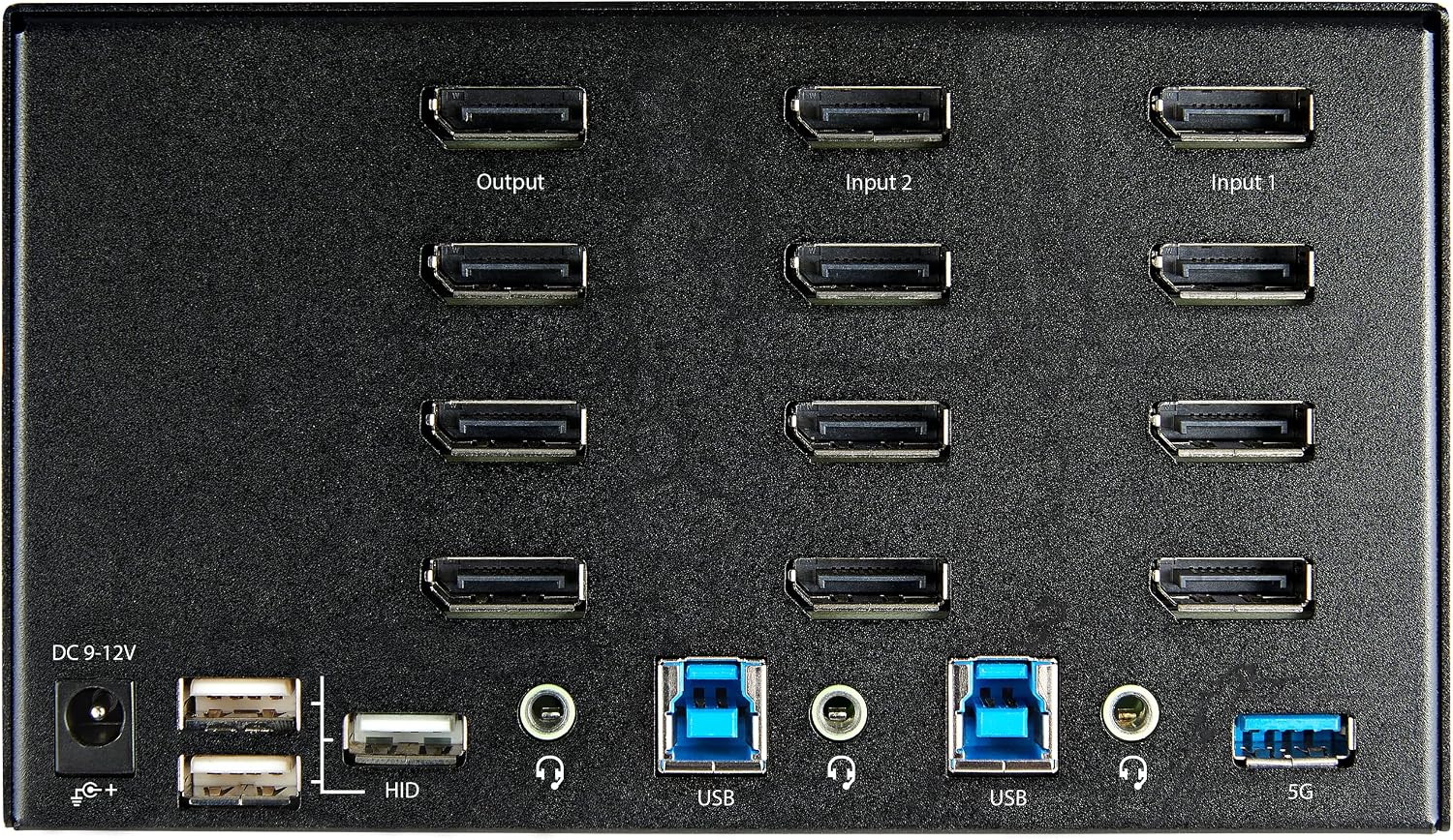 StarTech.com 2 Port Quad Monitor DisplayPort KVM Switch - 4K 60Hz UHD HDR - Desktop 4K DP 1.2 KVM with 2 Port USB 3.0 Hub (5Gbps) & 4X USB 2.0 HID Ports, Audio - Hotkey Switching - TAA (SV231QDPU34K)