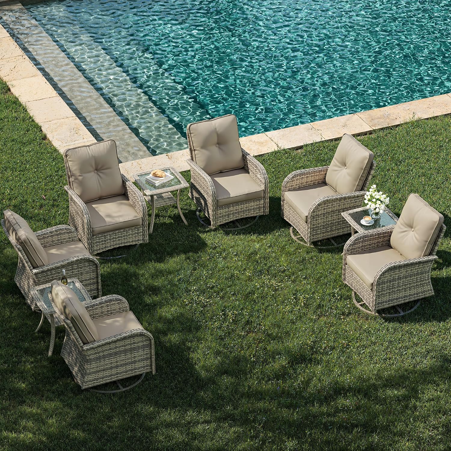 9-Piece Patio Rocking Swivel Chair Outdoor Wicker Rattan Bistro Set with Tempered Glass Side Table, Outdoor Patio Furniture Set for Garden, Deck, and Balcony, Beige