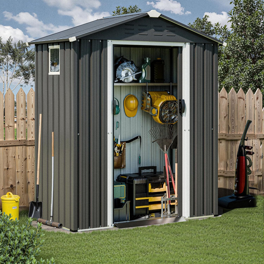 JY QAQA 5x3 FT Metal Outdoor Garden Storage Shed,Waterproof Metal Garden Sheds with Window and Lockable Double Door,Weather Resistant Steel Tool Storage House Shed forPatio,Lawn (Gray)