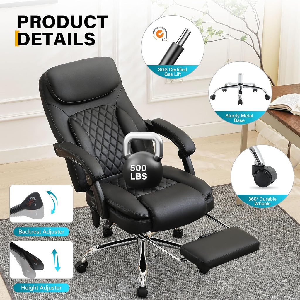 6-Point Massage Office Chair with Heated, Ergonomic Office Chair with Footrest & 45°Reclining High Back, Big and Tall Executive Office Chair 500LBS, Thick Cushion Desk Chair for Home Office, Black(PU)