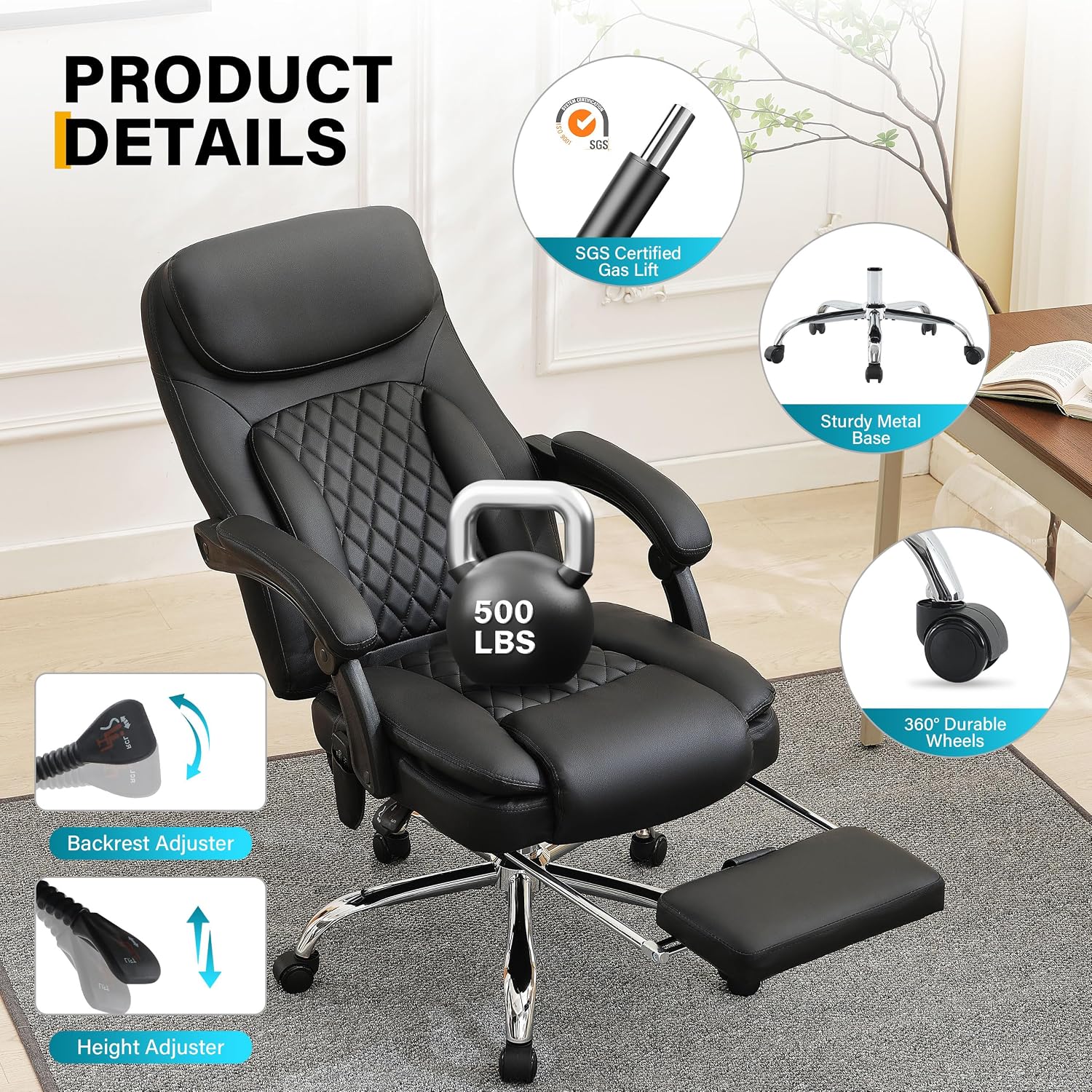 6-Point Massage Office Chair with Heated, Ergonomic Office Chair with Footrest & 45°Reclining High Back, Big and Tall Executive Office Chair 500LBS, Thick Cushion Desk Chair for Home Office, Black(PU)