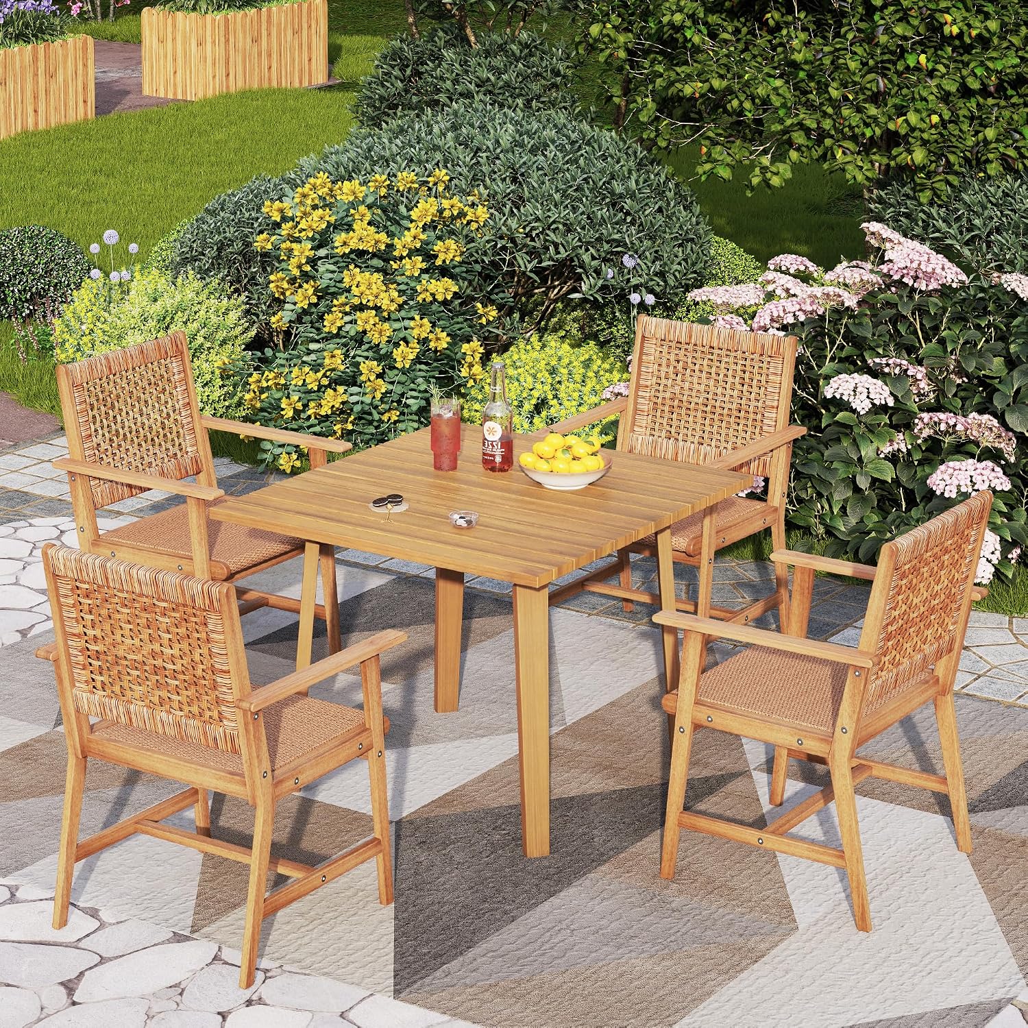 PHI VILLA Outdoor Acacia Wood Dining Chairs Set of 2, Armchairs with Strong Wicker Back & Seat, Farmhouse Style Teak Patio Deck Yard Balcony Garden Furniture