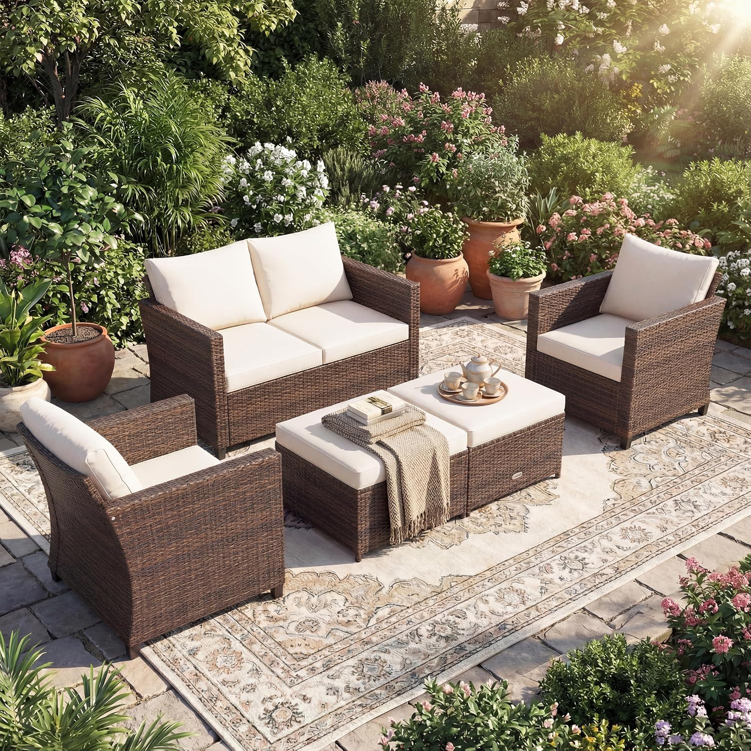 Tangkula 5 Pieces Rattan Patio Furniture Set, Outdoor Sectional Wicker Sofa Set with Loveseat, 2 Single Sofas, 2 Ottomans & Removable Cushion, Outside Daybed Sofa for Yard, Garden, Poolside, Off White