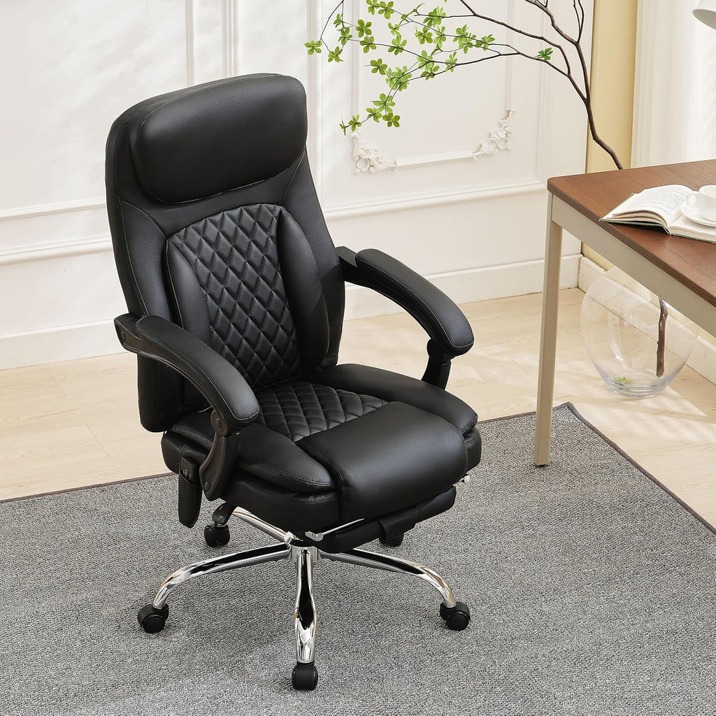 6-Point Massage Office Chair with Heated, Ergonomic Office Chair with Footrest & 45°Reclining High Back, Big and Tall Executive Office Chair 500LBS, Thick Cushion Desk Chair for Home Office, Black(PU)