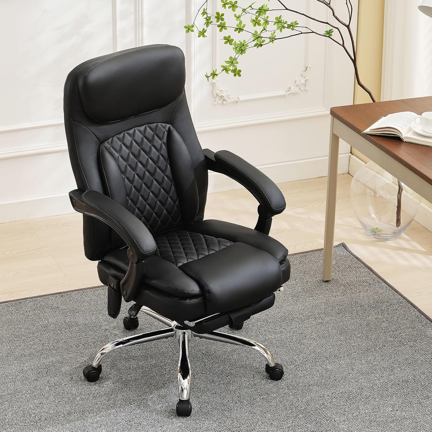6-Point Massage Office Chair with Heated, Ergonomic Office Chair with Footrest & 45°Reclining High Back, Big and Tall Executive Office Chair 500LBS, Thick Cushion Desk Chair for Home Office, Black(PU)