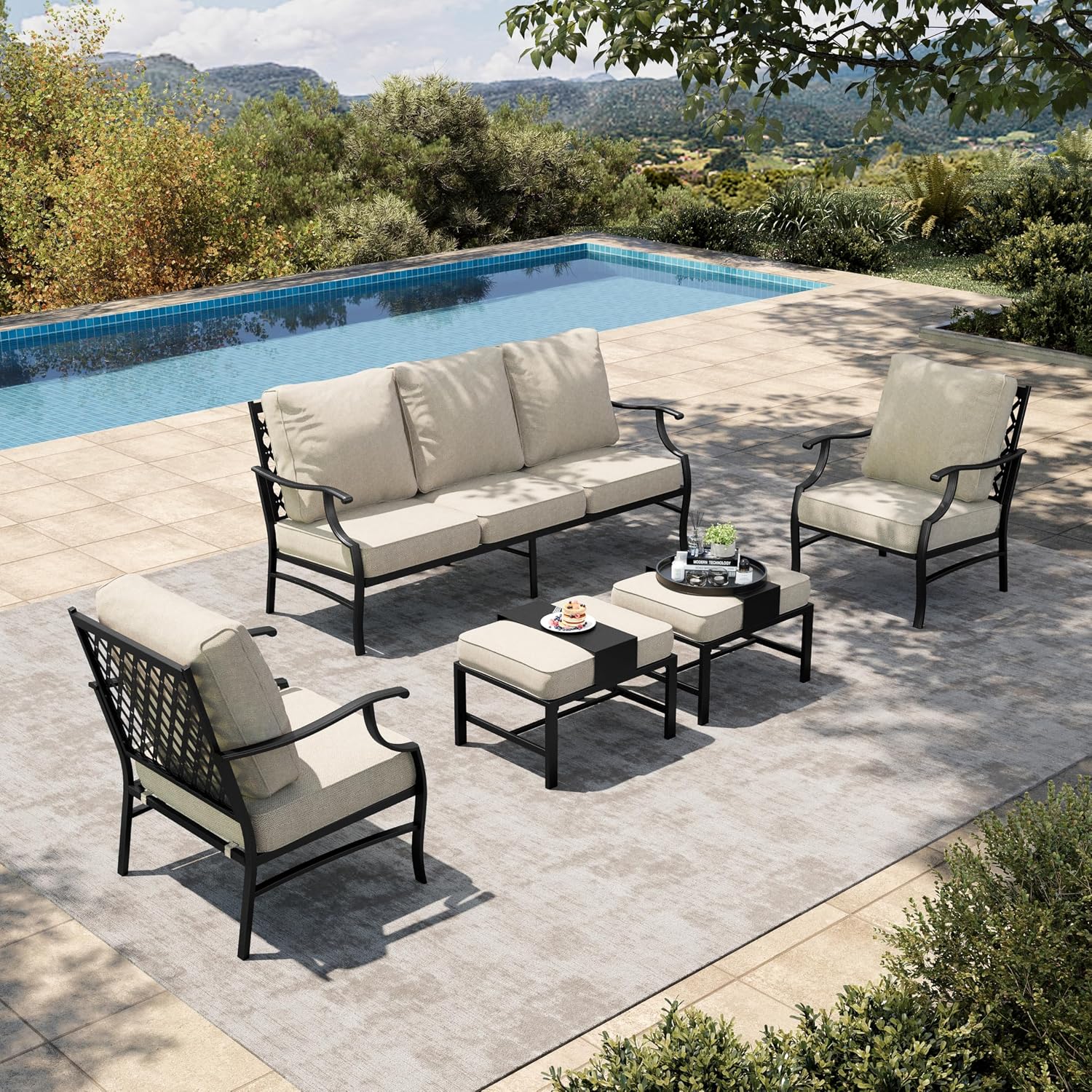 HERA'S HOUSE 5 Piece Patio Furniture Set, 2 x Cushioned Metal Chair, 2 x Ottoman, 1 x 3-Seat Sofa, All Cushioned 7 Seats Outdoor Conversation Set for Lawn Garden Backyard