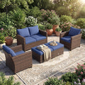 Tangkula 5 Pieces Rattan Patio Furniture Set, Outdoor Sectional Wicker Sofa Set with Loveseat, 2 Single Sofas, 2 Ottomans & Removable Cushions, Outside Daybed Sofa for Yard, Garden, Poolside (Navy)