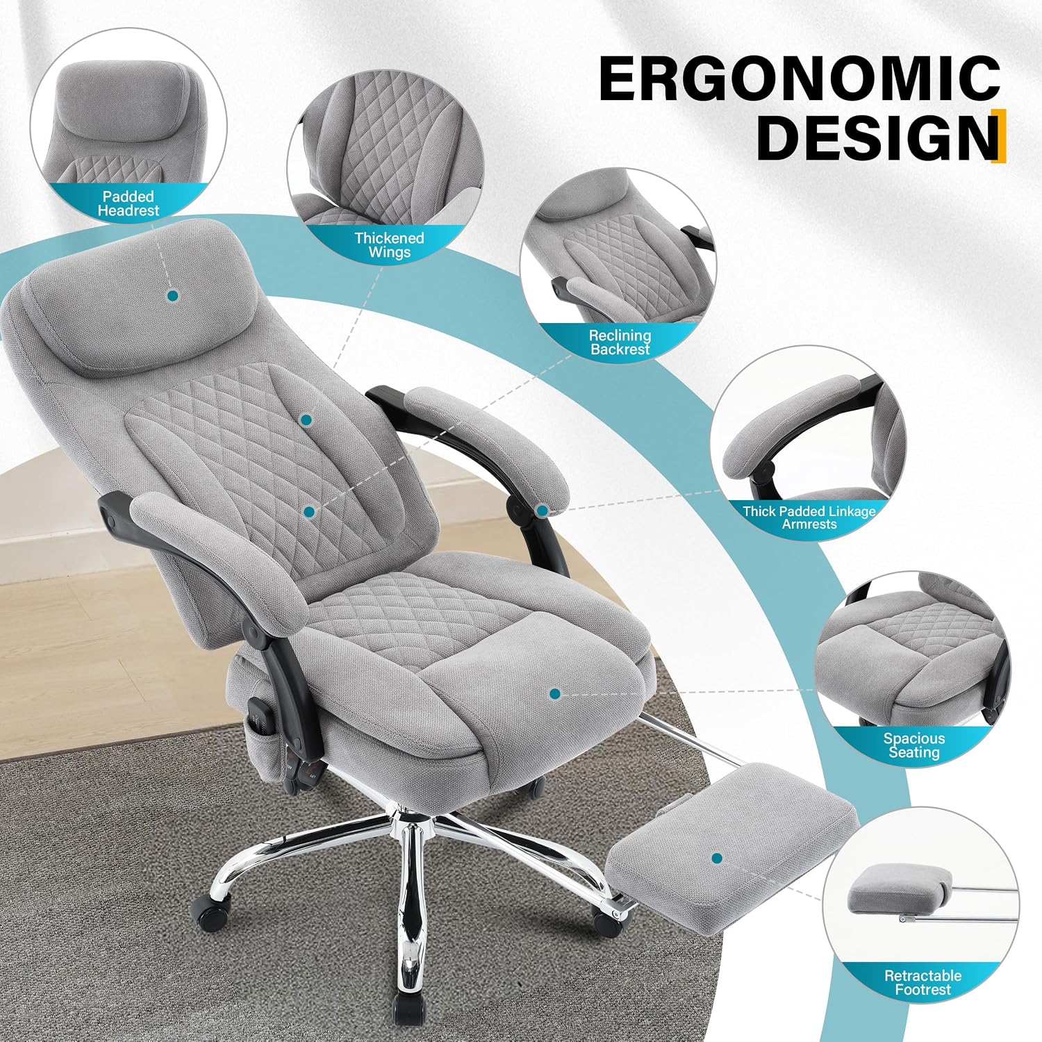 6-Point Massage Ergonomic Office Chair with Heated, Footrest & 45Reclining High Back, Big and Tall Executive Desk Chair 500LBS, Thick Cushion for Home Office, Grey
