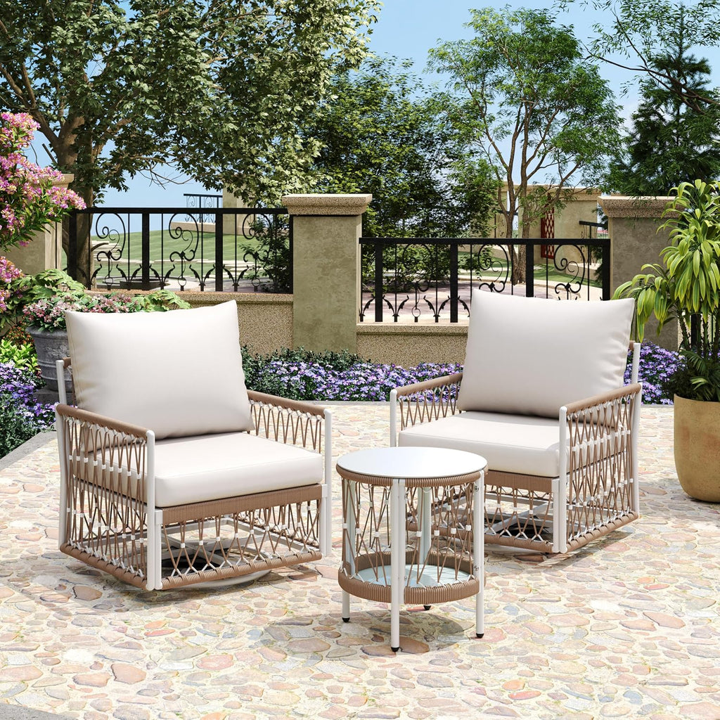 Christopher Knight Home Janna 3-Piece Bohemian Outdoor Patio Furniture Set, Set of 2 Swivel Lounge Chairs with Cushions & Glass Top Side Table, Patio Conversation Set for Garden, Beige + Natural