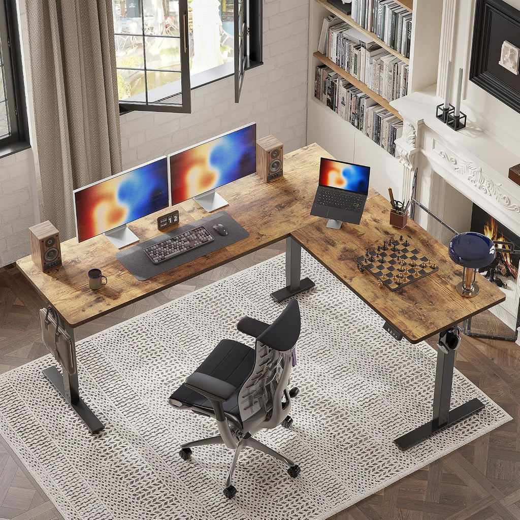 TIQLAB 75 x 61 inch L Shaped Standing Desk Adjustable Height, Electric Corner Standing Desk, Sit Stand Computer Table with Splice Board, Rustic Brown