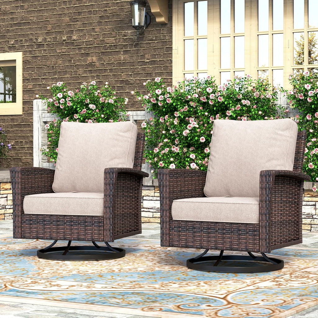 HERA'S HOUSE Outdoor Furniture, 2 x High Back Swivel Patio Chairs with 5.5' Cushions Wicker Rattan Deck Balcony Porch Furniture, Beige