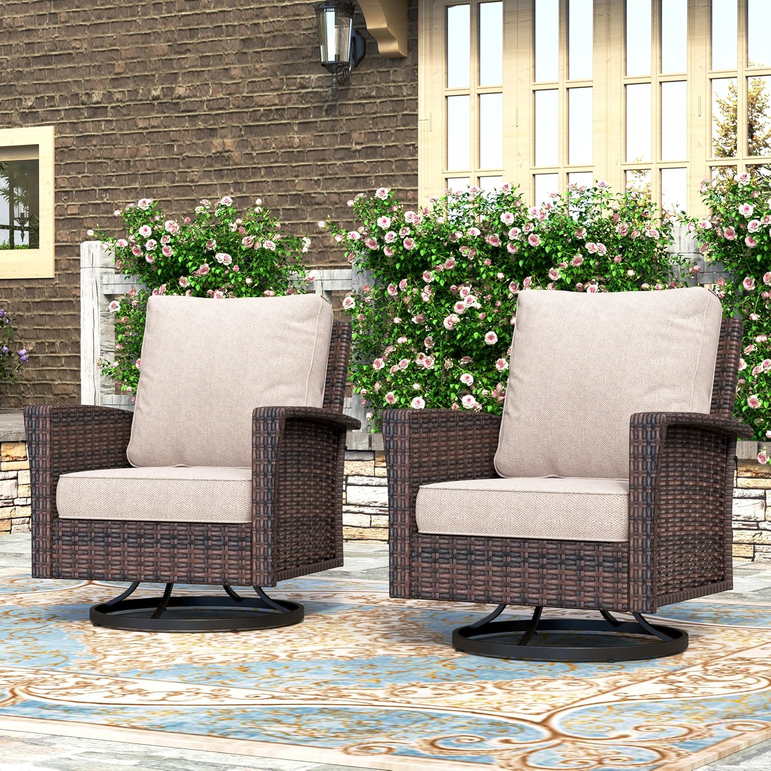 HERA'S HOUSE Outdoor Furniture, 2 x High Back Swivel Patio Chairs with 5.5' Cushions Wicker Rattan Deck Balcony Porch Furniture, Beige