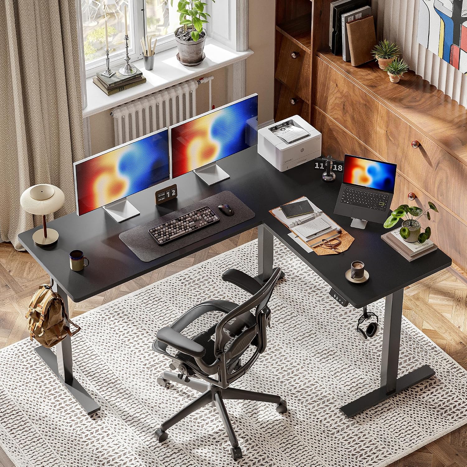 TIQLAB Standing Desk L Shaped, 63x55 Inch Adjustable Height Electric Stand Up Desk, Corner Standing Table with Hooks, Sit Stand Desk with Splice Board, Black