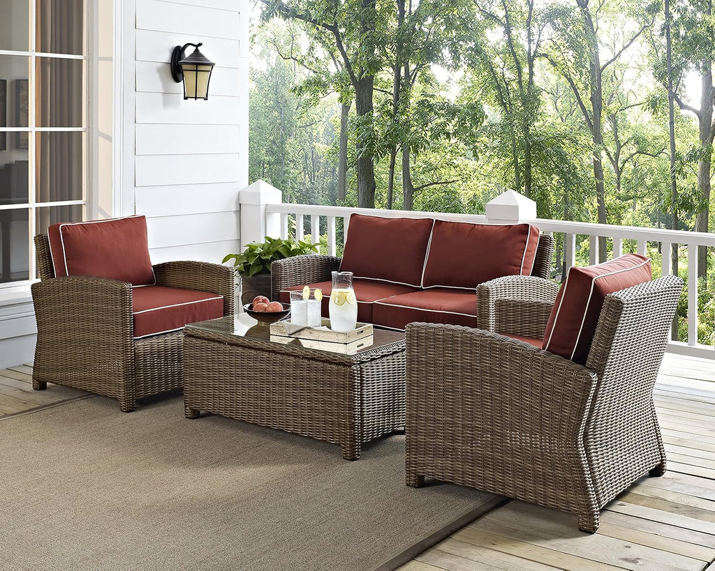 Crosley Furniture Bradenton 4-Piece Outdoor Loveseat Patio Furniture Set, Wicker Conversation Sets for Porch, Brown with Sangria Cushions