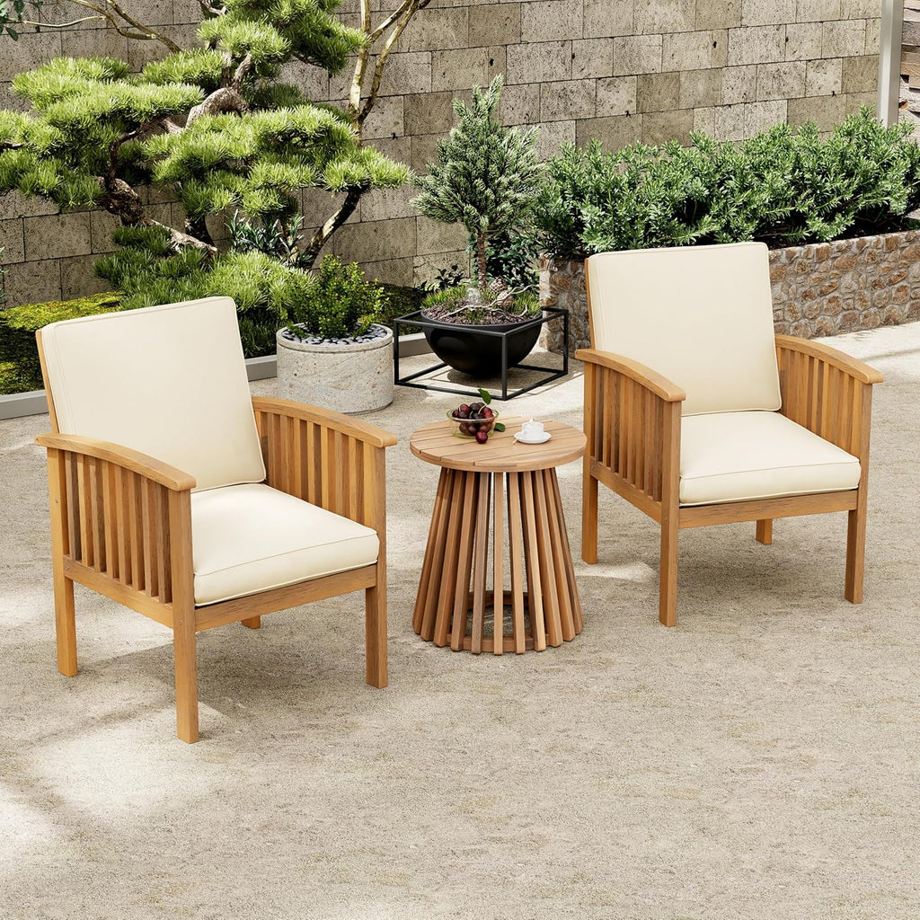 Christopher Knight Home Kiin 3 Pieces Outdoor Patio Furniture Set, Acacia Wood Patio Conversation Set, Side Table and Club Chairs with Cushion for Garden Backyard Balcony, Brown + Cream + Light Teak