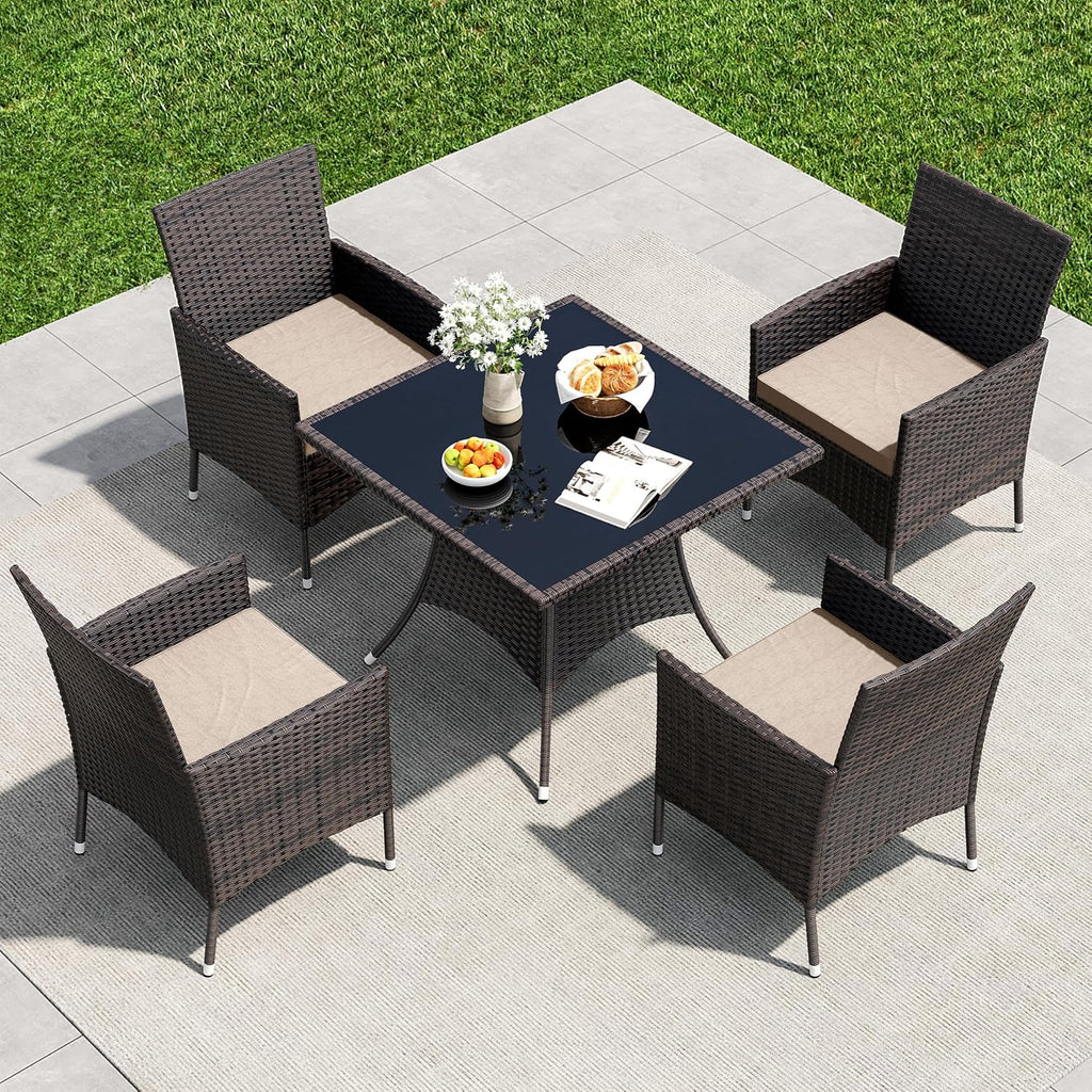 5 Pieces Outdoor Patio Dining Set,Patio Table and Chairs Rattan Outdoor Patio Furniture Set with Umbrella Hole,Dining Table Set for 4 with Chairs for Backyard,Garden and Kitchen,Brown